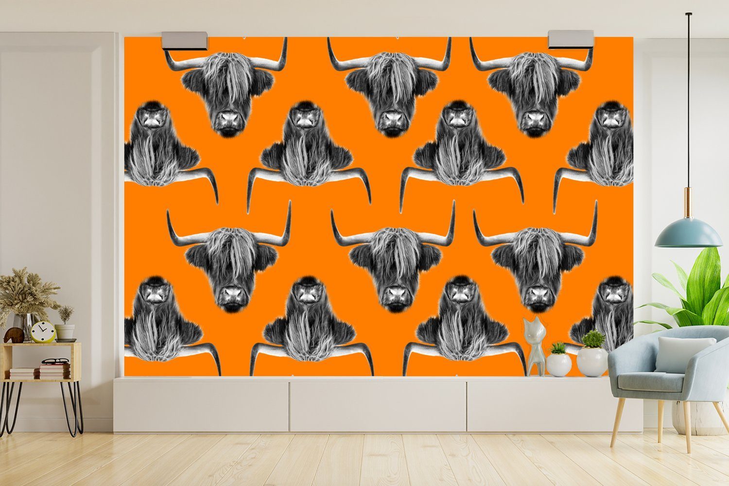 Tapete Schlafzimmer, St), (6 für bedruckt, Wallpaper - Orange, Wohnzimmer, Schottischer Kinderzimmer, MuchoWow Highlander Vinyl - Fototapete Matt, Muster
