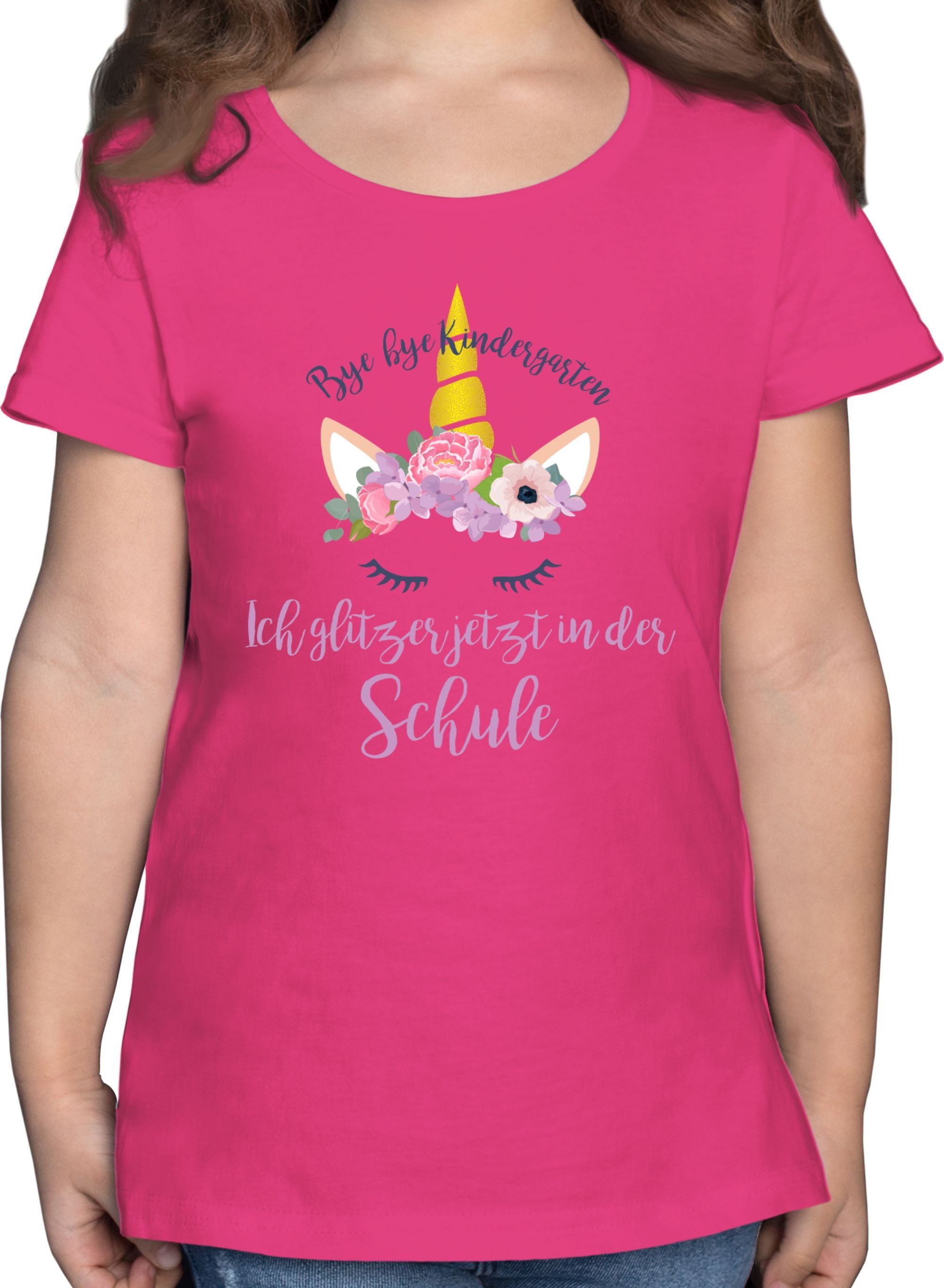 glitzer ich jetzt Bye Kindergarten Blumen T-Shirt 2 Fuchsia Einschulung der in Bye Shirtracer Mädchen Schule