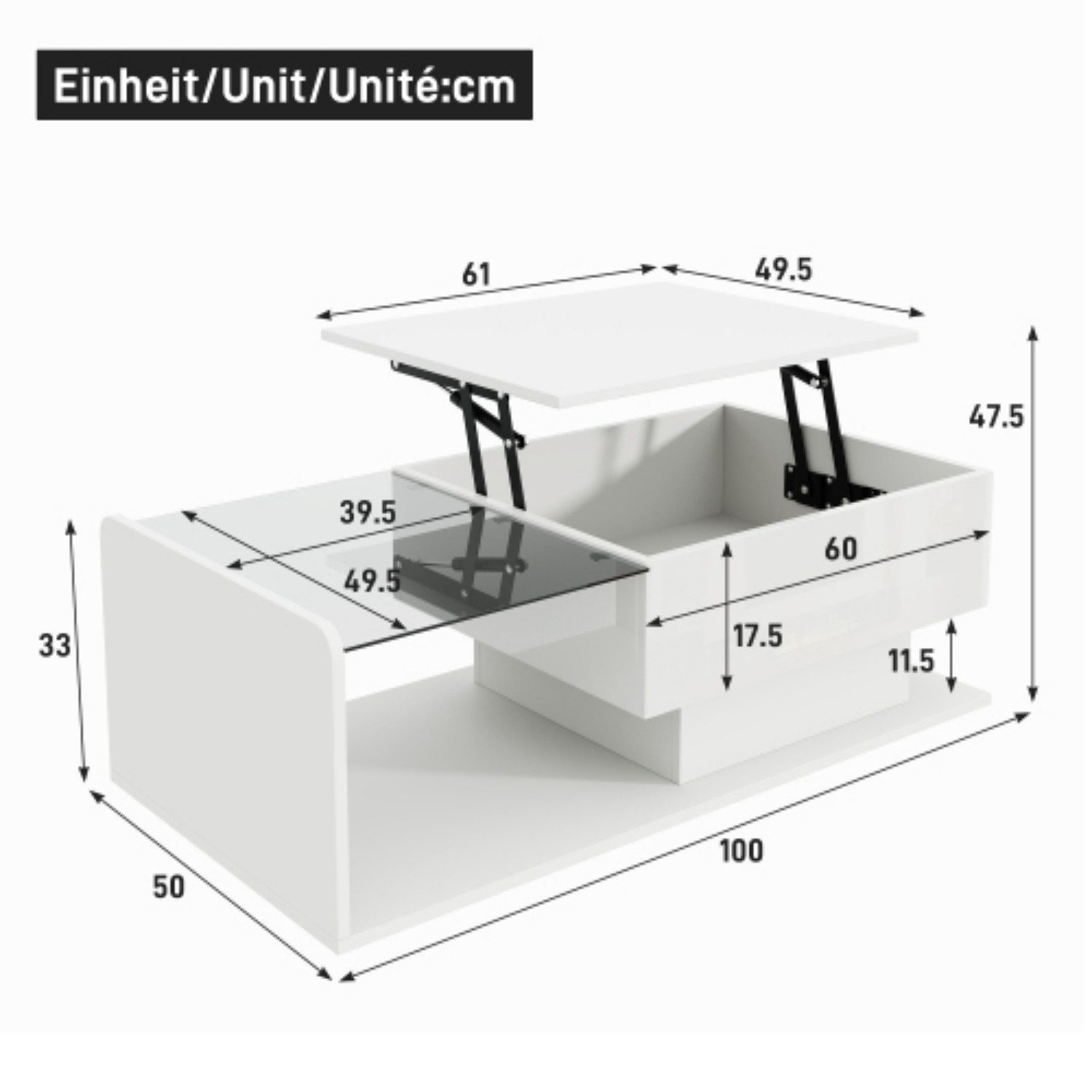 ANYSUN Couchtisch Glas-Couchtisch, höhenverstellbar, mit LED-Beleuchtung & Stauraum, Mit App-Steuerung, abgerundeten Ecken, Hochglanz, 100 x 50 cm