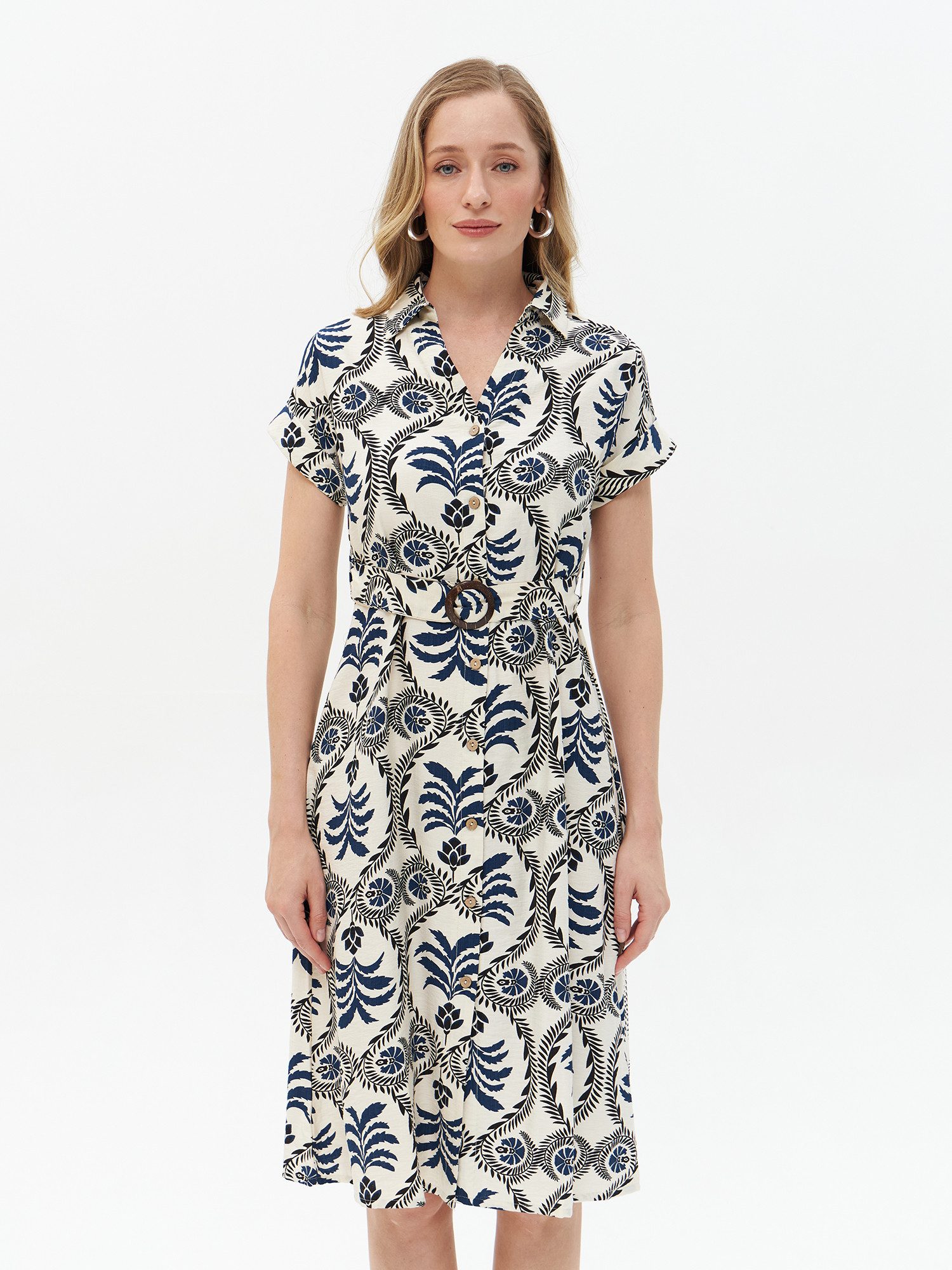 Passioni Hemdblusenkleid Sommer Midikleid mit Print Knielang mit allover Print in Ecru-Navy