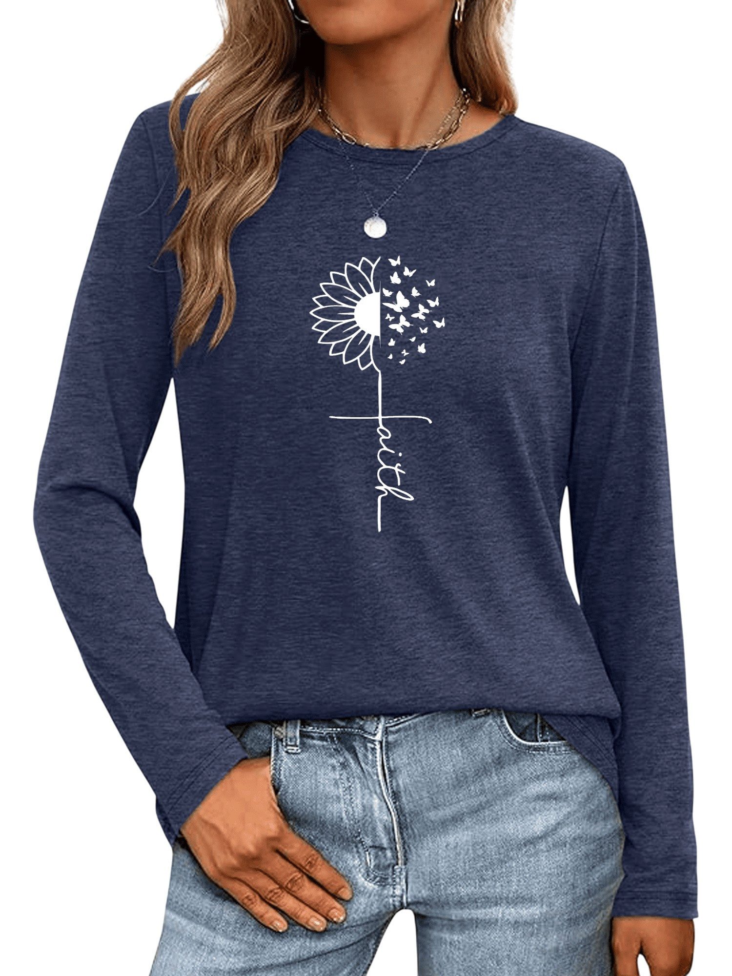PYLIKE Langarmshirt Damen Rundhalsausschnitt Longsleeve mit Sonnenblume Print-Shirt Geeignet für den täglichen Gebrauch im Büro und zu Hause