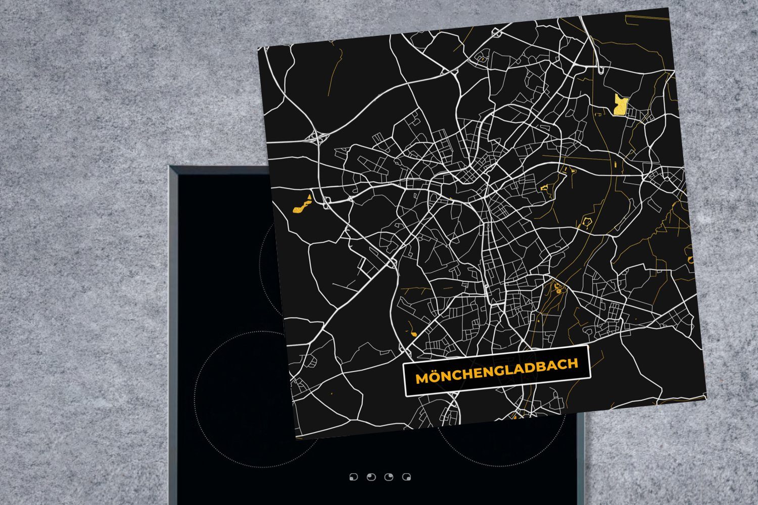 MuchoWow Herdblende-/Abdeckplatte Mönchengladbach - für Ceranfeldabdeckung, küche Vinyl, 78x78 -, Gold Stadtplan cm, Karte und tlg), Arbeitsplatte - Schwarz (1 