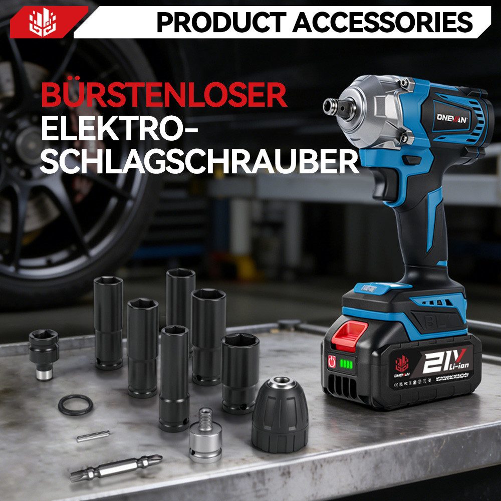ONEVAN Akku-Schlagschrauber 950Nm 1/2 Zoll Bürstenloser Elektro Schlagschrauber, mit 2x Lithium Batterie, 6 Stecknüsse für Haus und Auto