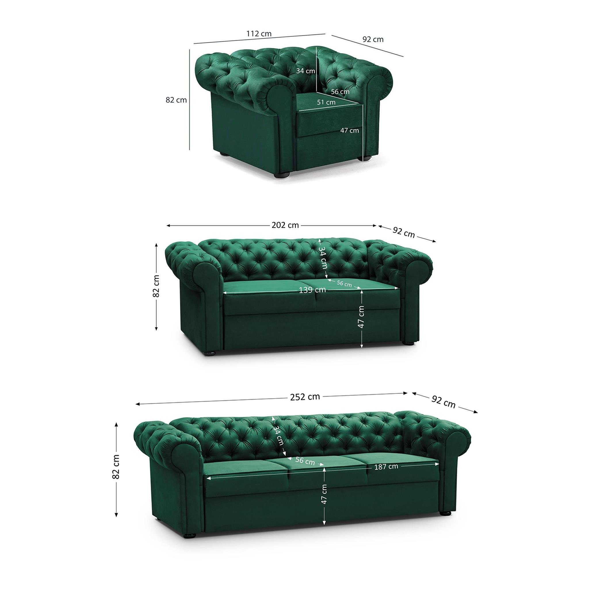 Couchgarnitur Grün Chesterfield 3-Sitzer + inkl. Sofa (kronos Steppung), mit Wellenunterfederung Beautysofa 2-Sitzer 19) Polstergarnitur im (Sessel Stil Sofa Flasches Chester, +