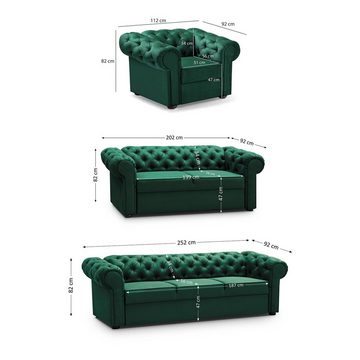 Beautysofa Polstergarnitur Chester, (Sessel + 2-Sitzer Sofa + 3-Sitzer Sofa mit Steppung), Couchgarnitur im Chesterfield Stil inkl. Wellenunterfederung