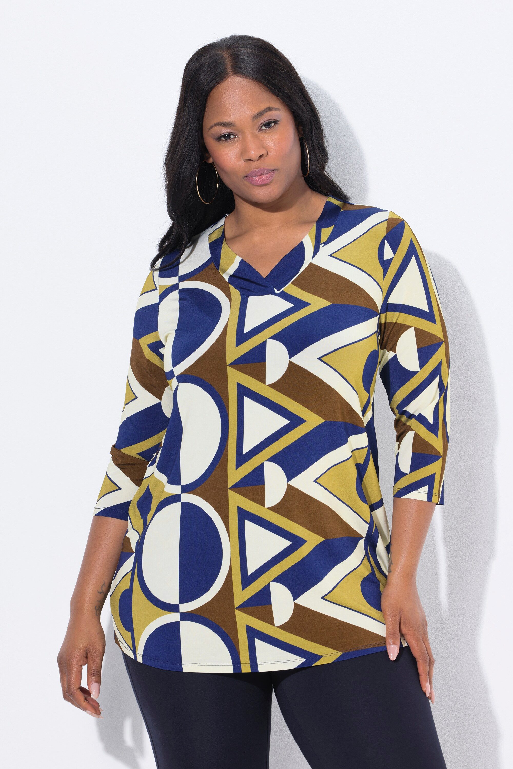 Ulla Popken T-Shirt Slinky-Shirt grafischer Druck V-Ausschnitt 3/4-Arm günstig online kaufen