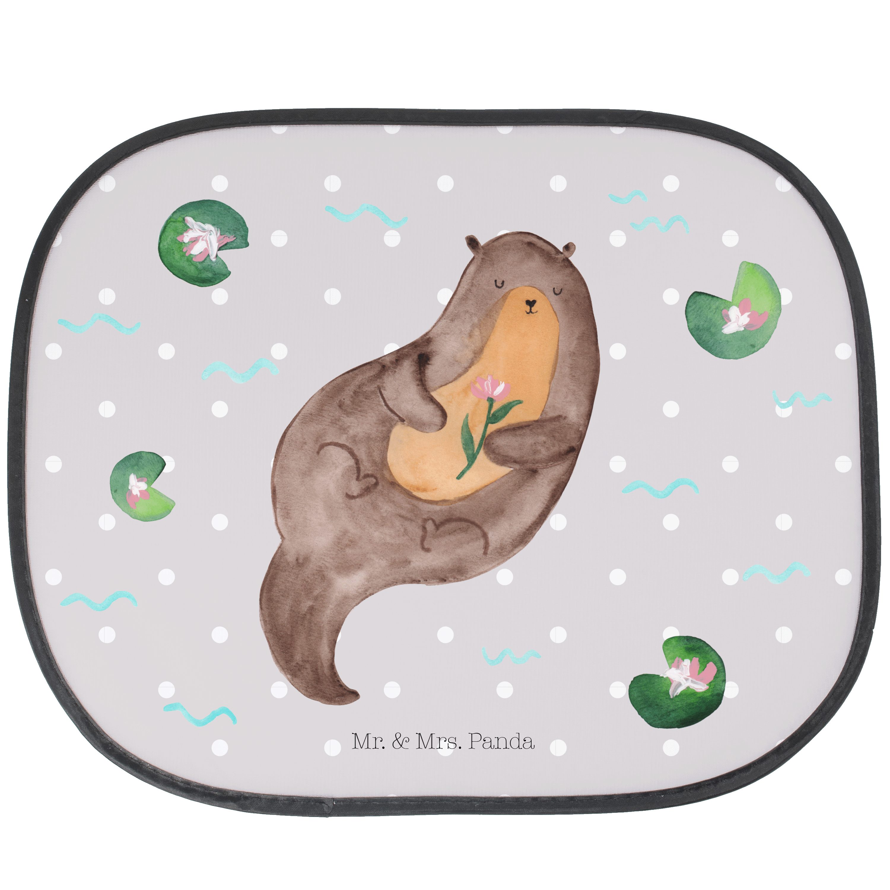 Sonnenschutz Otter mit Seerose - Grau Pastell - Geschenk, Sonnenschutz Baby, Sonne, Mr. & Mrs. Panda, Seidenmatt