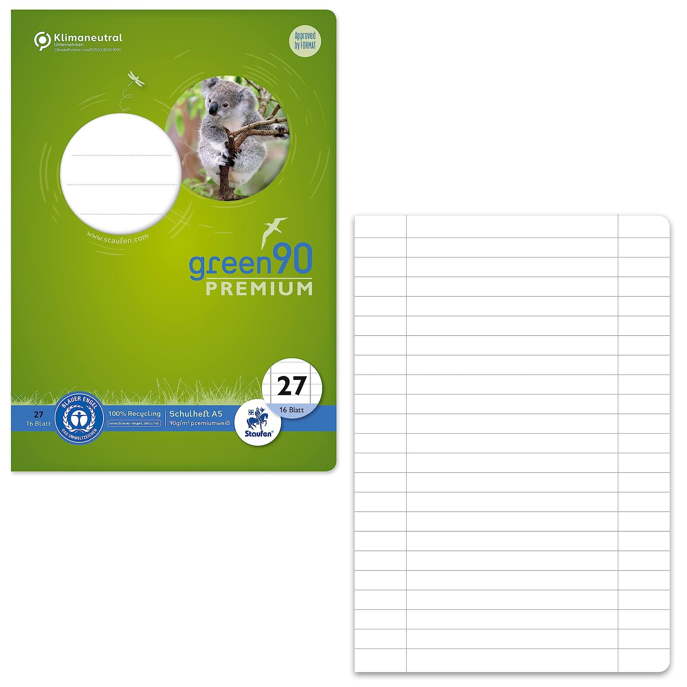 Staufen Schulheft STAUFEN Green Schulheft Lin27 A5 16 Blatt 90g/qm 9mm liniert mit Randl