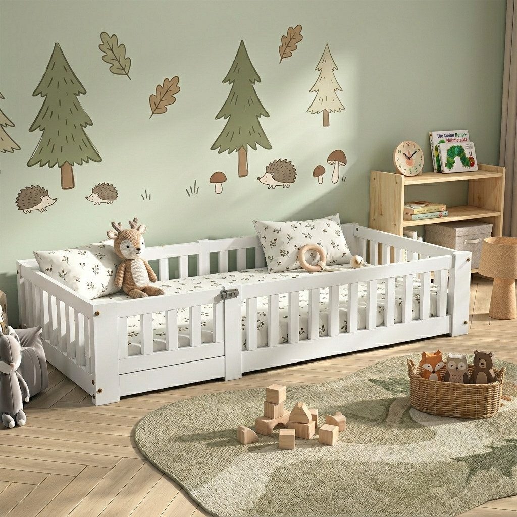 Simurq Einzelbett Kinderbett Einzelbett Bodenbett Montessori-Bett (Inklusive Lattenrost, Keine Matratze), Sicherheitsgitter, Kiefernholz, Weiß, 80x160 cm