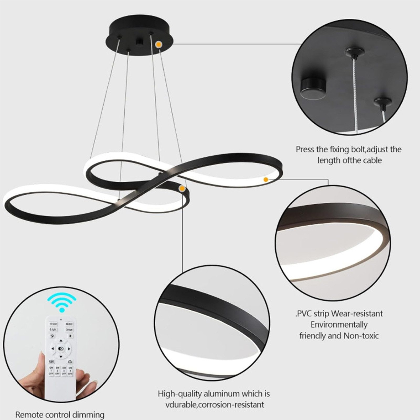 Riserva Hängeleuchte LED Pendelleuchte Schwarz 58W, dimmbar, 3000K–6500K, Fernbedienung
