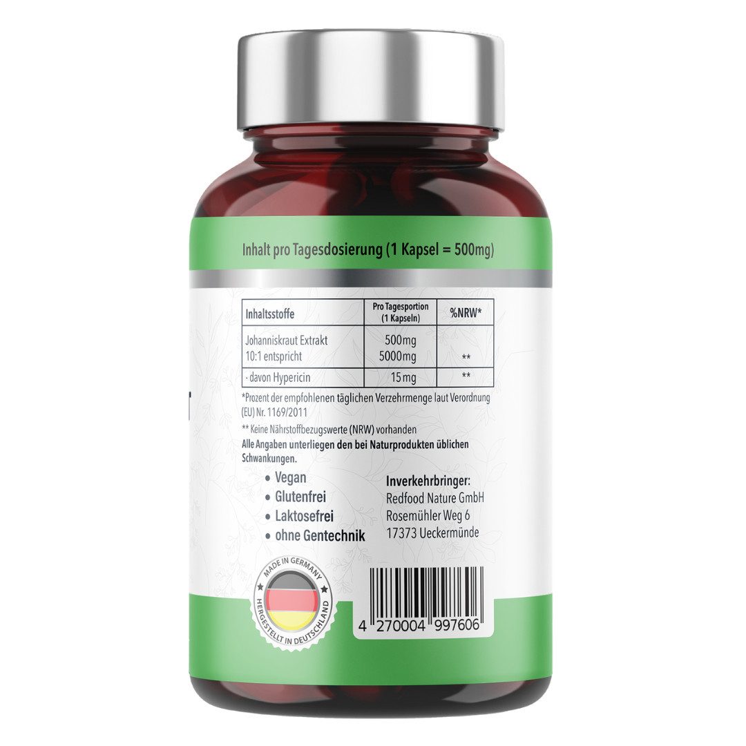 Redfood Johanniskraut Extrakt 500 mg – 1,8 mg Hypericin, 180 Kapseln Kapseln, 180 er 180 St., 108 g