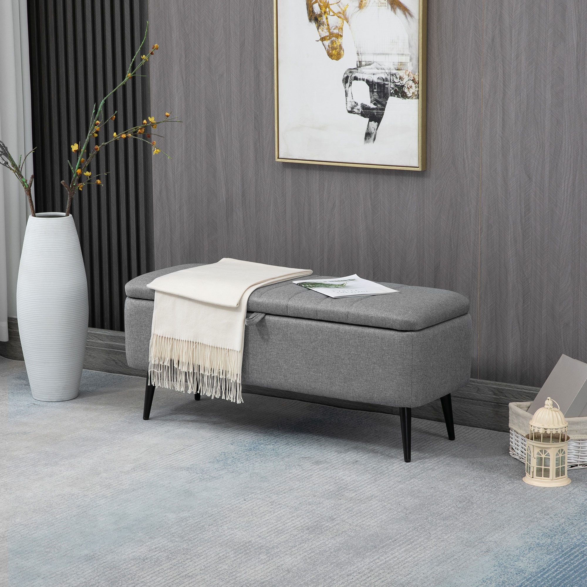 HOMCOM Sitzbank Sitzbank mit Stauraum, Polsterbank mit Leinenoptik (Sitztruhe, 1-St., Polsterbank mit Leinenoptik), für Wohnzimmer Schlafzimmer Flur 102 x 40 x 44 cm, Grau