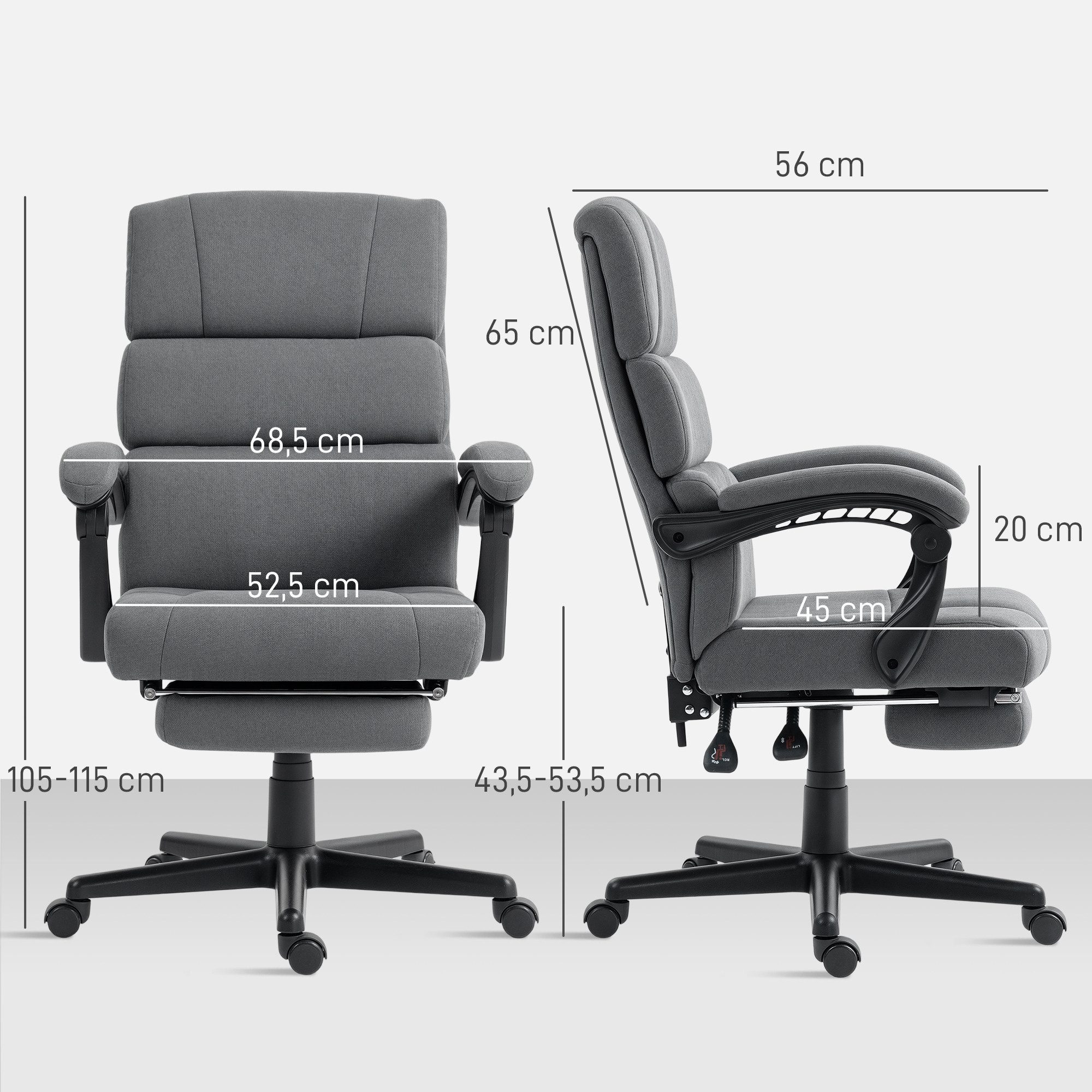 HOMCOM Schreibtischstuhl mit Lendenkissen und Kopfstütze, höhenverstellbar (Drehstuhl, 1 St), für Arbeitszimmer, Büro, Dunkelgrau