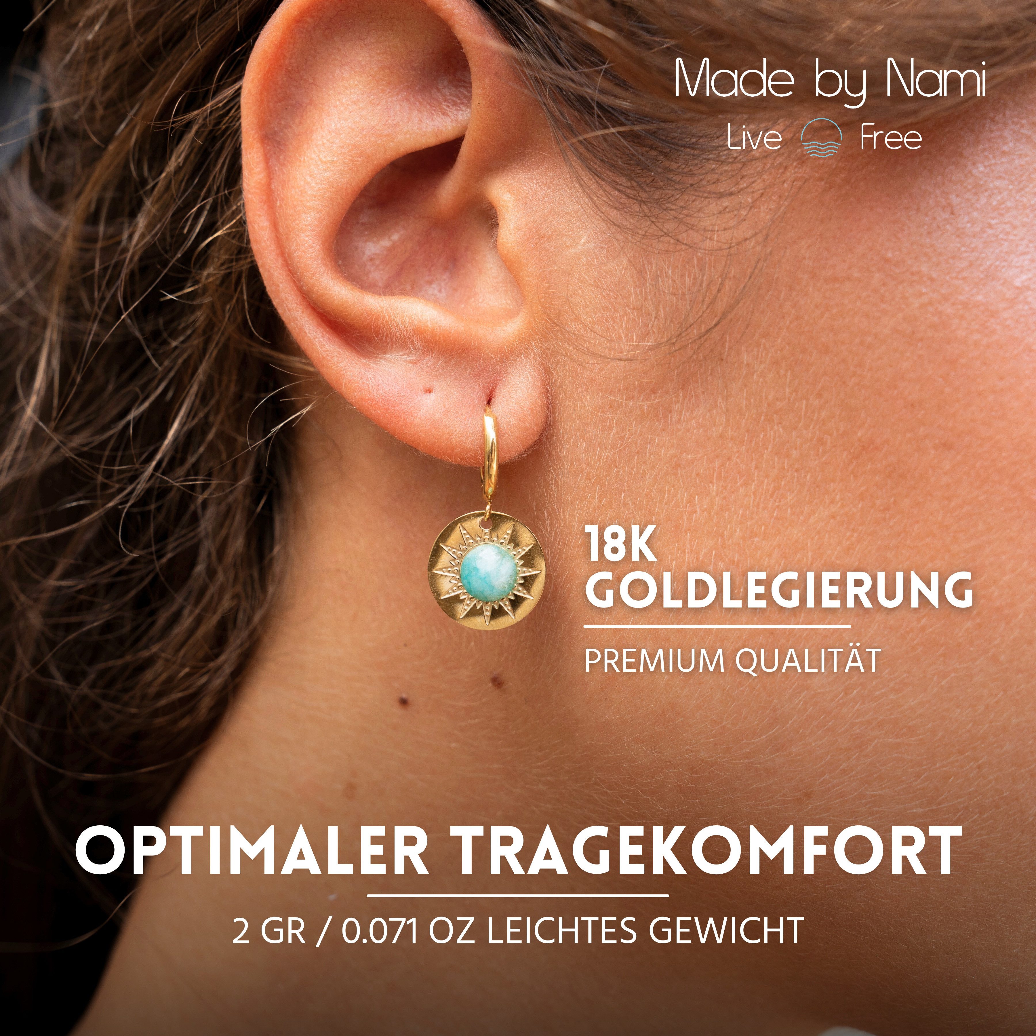 Made by Nami Ohrring-Set Hängend mit Sonnen Anhänger und türkisem Stein Edelstahl Gold, Boho Schmuck Damen Wasserfester Schmuck – Bild 4 von 5