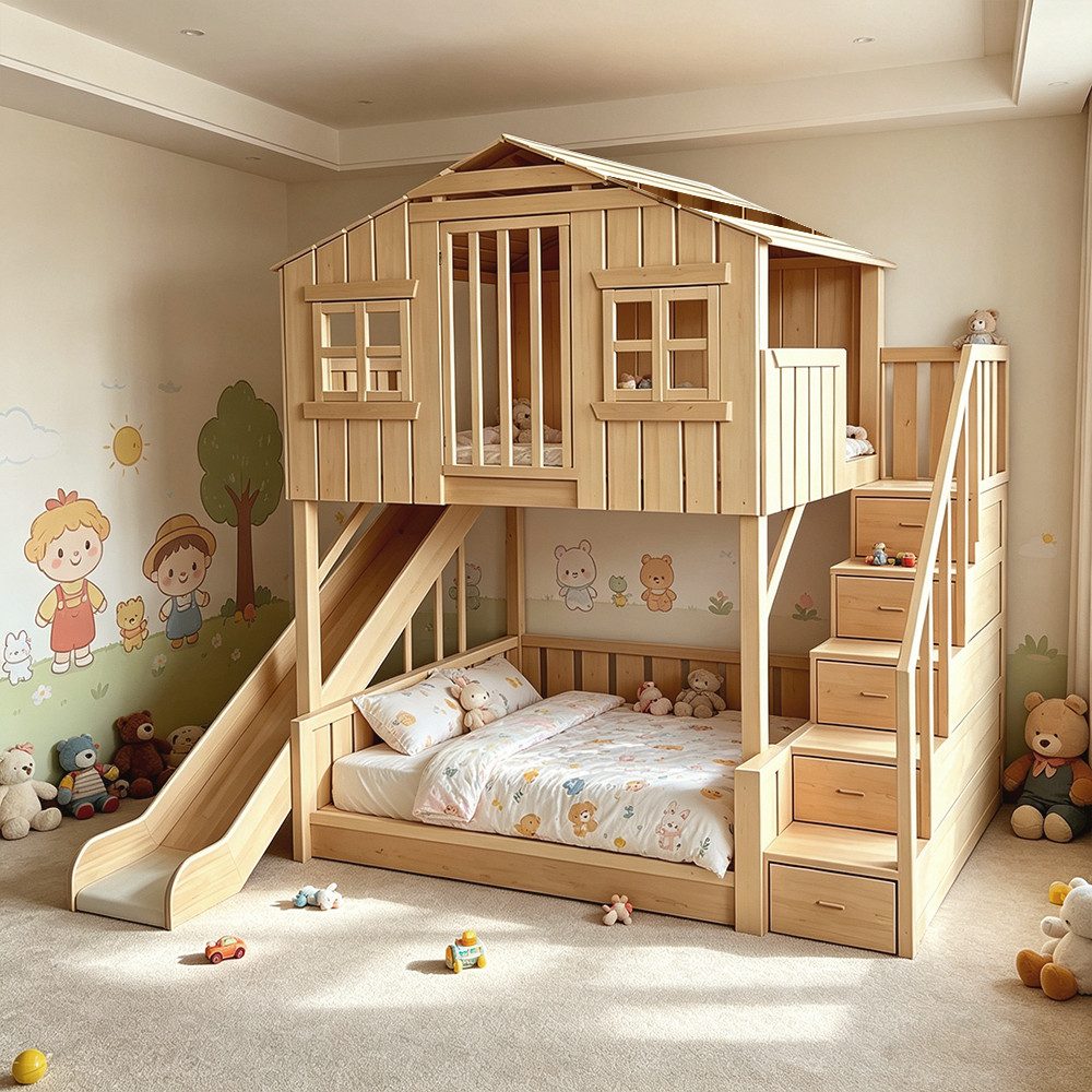 Etagenbett Kinderbett Baumhaus-Stil mit Rutsche, Treppe & Stauraum