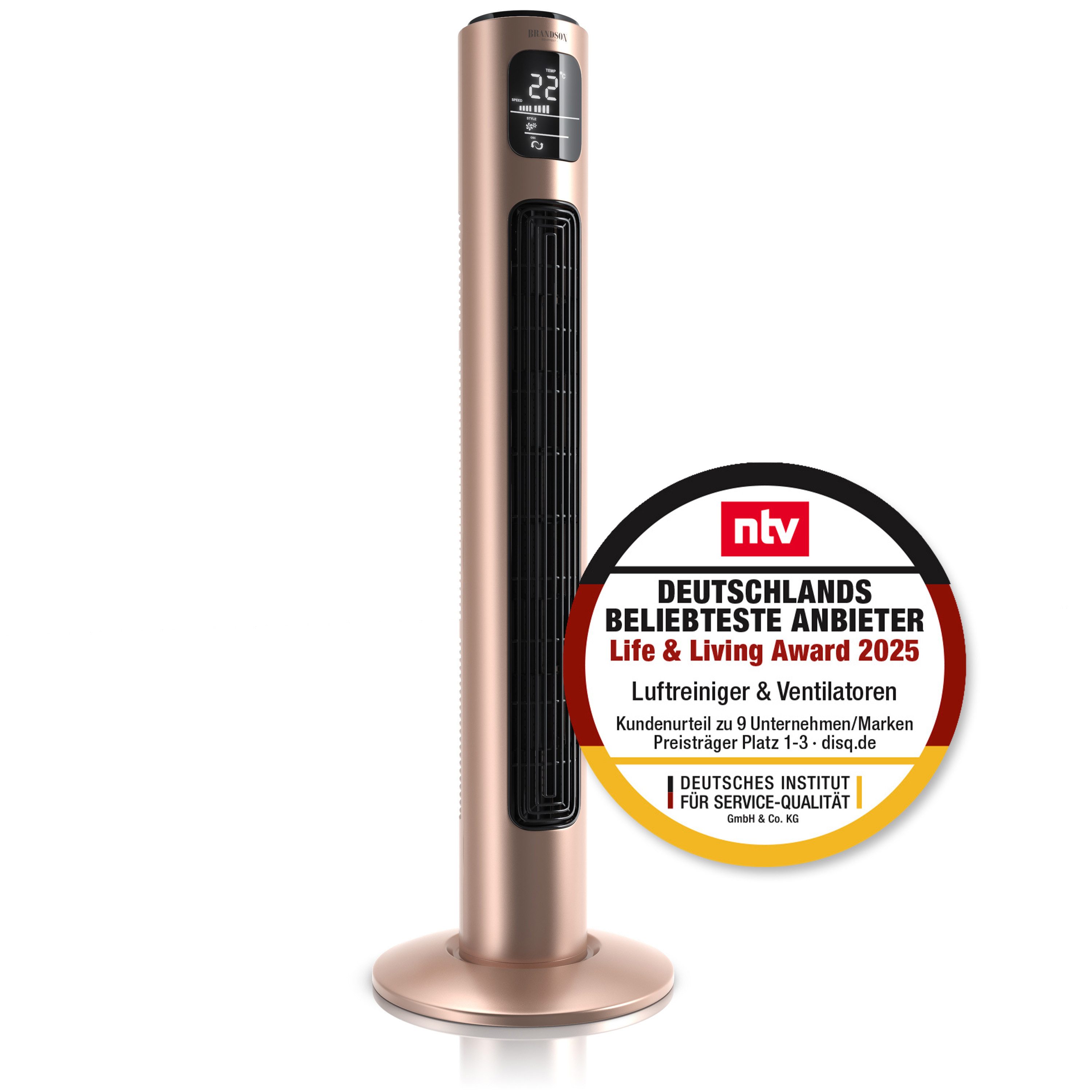 Brandson Turmventilator Oszillation, Timer, Fernbedienung, Standventilator 96cm Pearl-Rouge, Preisträger 2025, mobiler Lüfter leise, 4 Lüftungs-Modi, GS-Geprüft