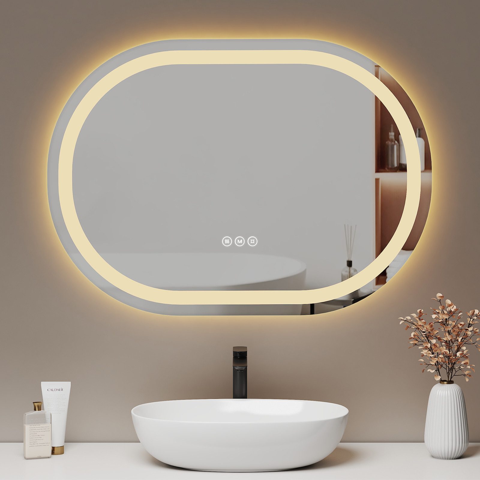 EMKE Badspiegel badspiegel mit beleuchtung oval, horizontal/vertikal mit Auto-Aus, 3 Lichtfarben, dimmbar, Antibeschlag, Touch, Memory, IP44, 70 × 60 cm