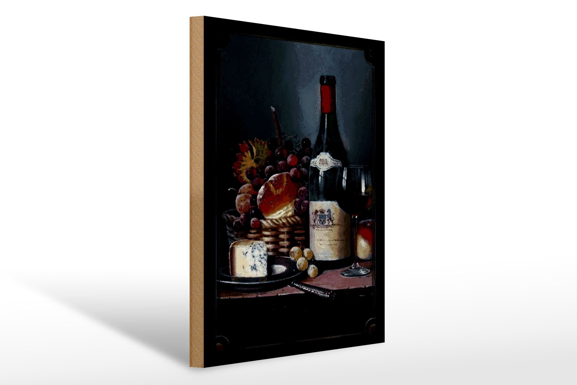 Holzbild Kunst 30x40cm Stillleben Rotwein Käse Obst