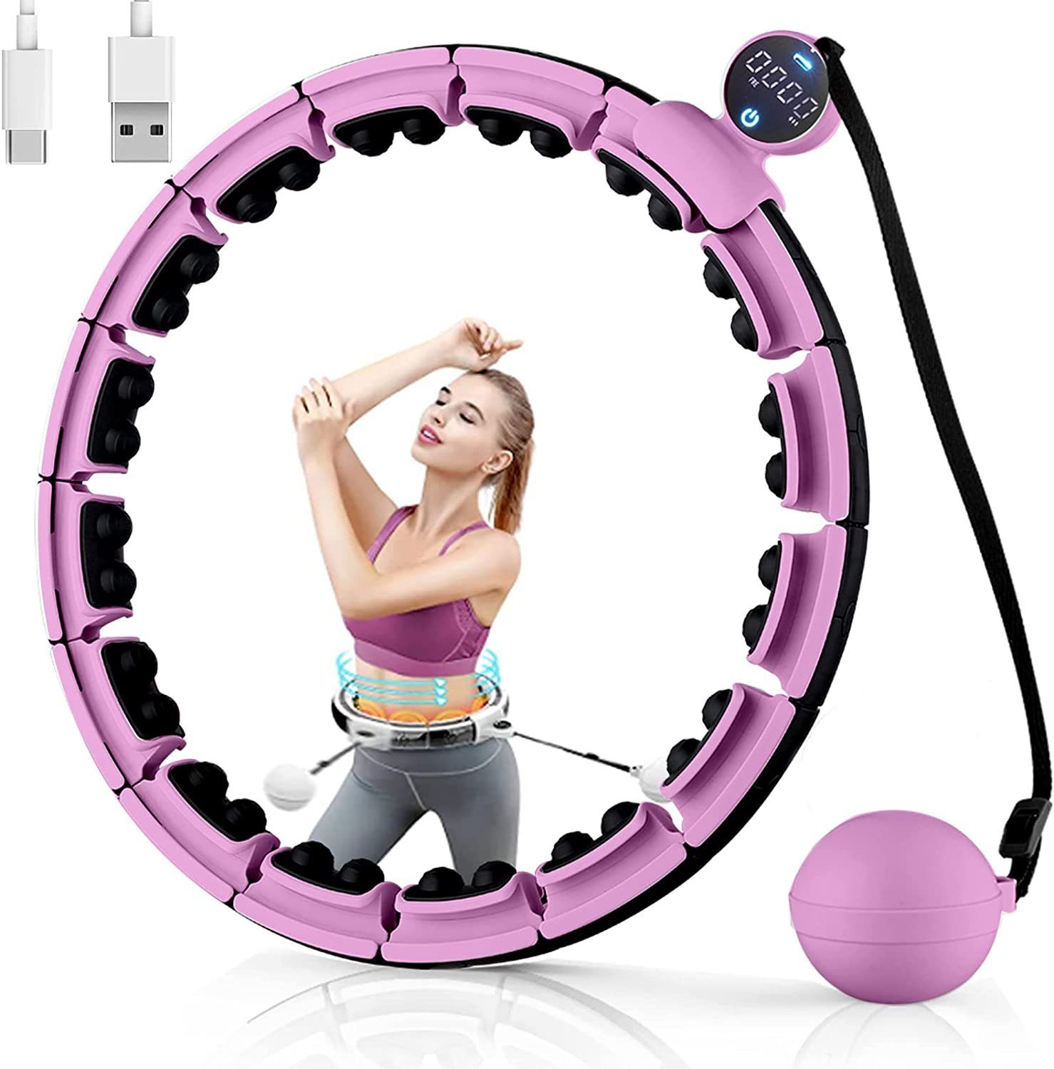 Digi-Smart Hula Diyarts Massage Abnehmbaren USB-Aufladung Touch Hula-Hoop-Reifen Teilen Hoop, (Fitness Hellrosa Counting Smart Gewichtsverlust), 16 Screen