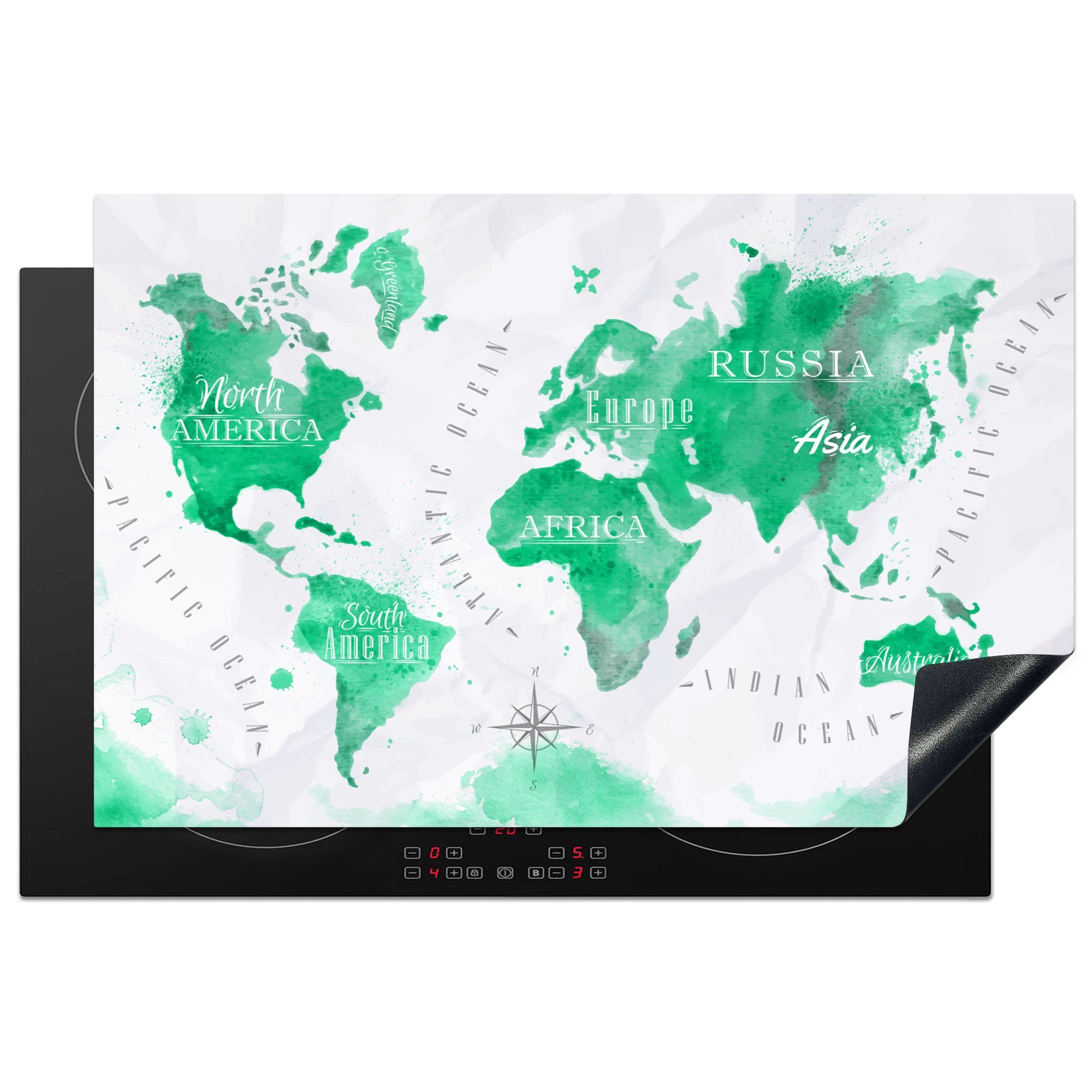 MuchoWow Herdblende-/Abdeckplatte Weltkarte - Ölfarbe - Grün, Vinyl, (1 tlg), 81x52 cm, Induktionskochfeld Schutz für die küche, Ceranfeldabdeckung