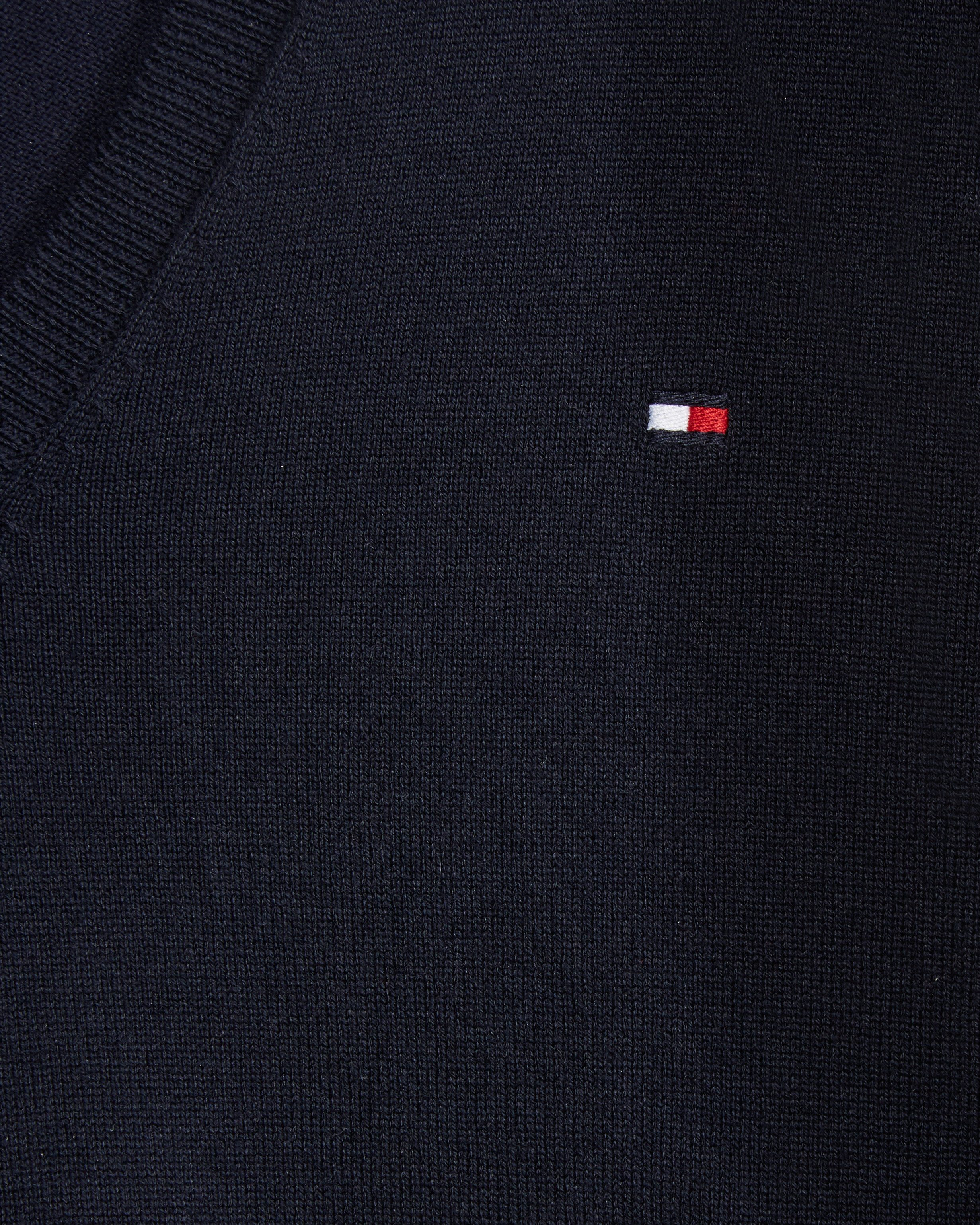 Tommy Hilfiger V-Ausschnitt-Pullover CO JERSEY STITCH V-NK SWEATER Kontrastfarbene Streifen im Ausschnitt und Logo Stickerei am Ärmel