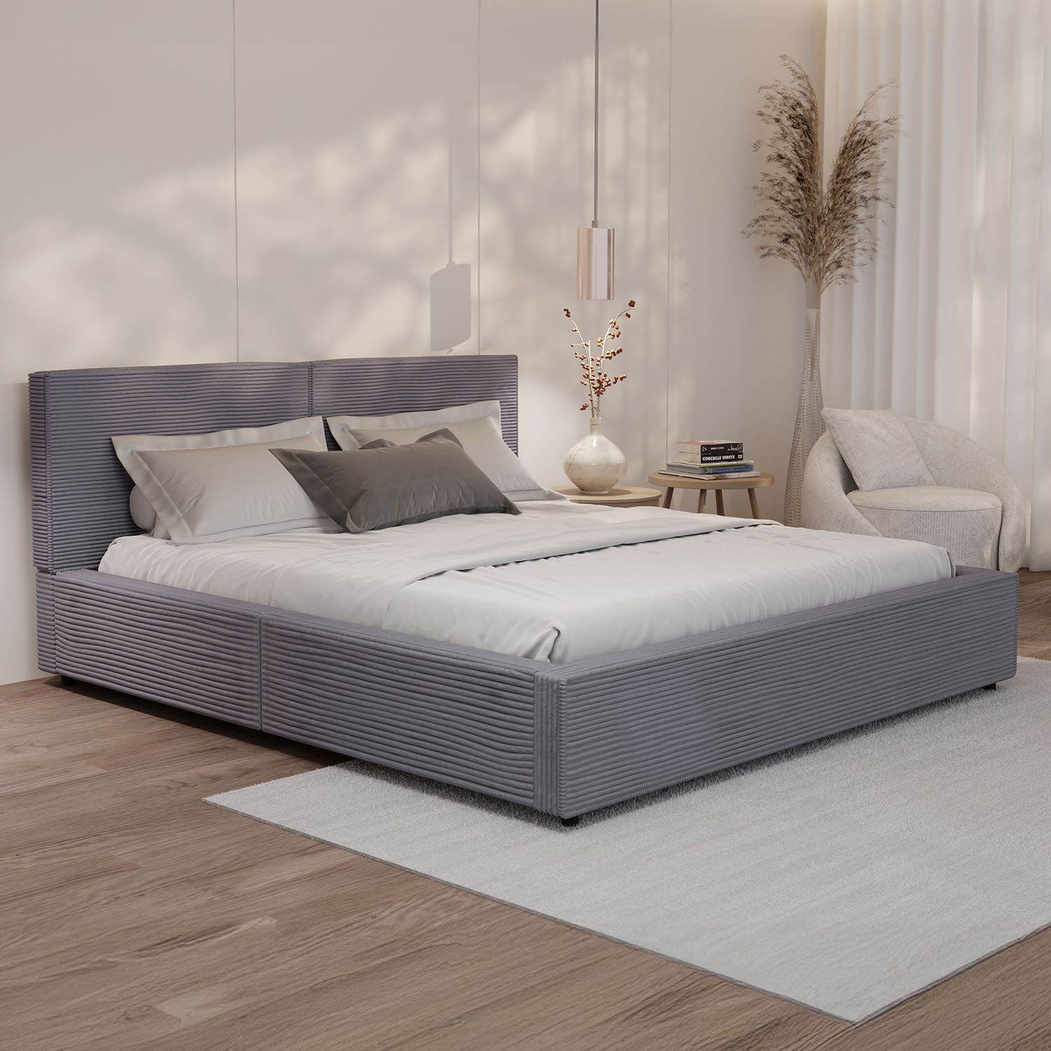 Juskys Polsterbett Salerno, Cord Design, bis 500 kg belastbar, Pflegeleicht mit Polsterung