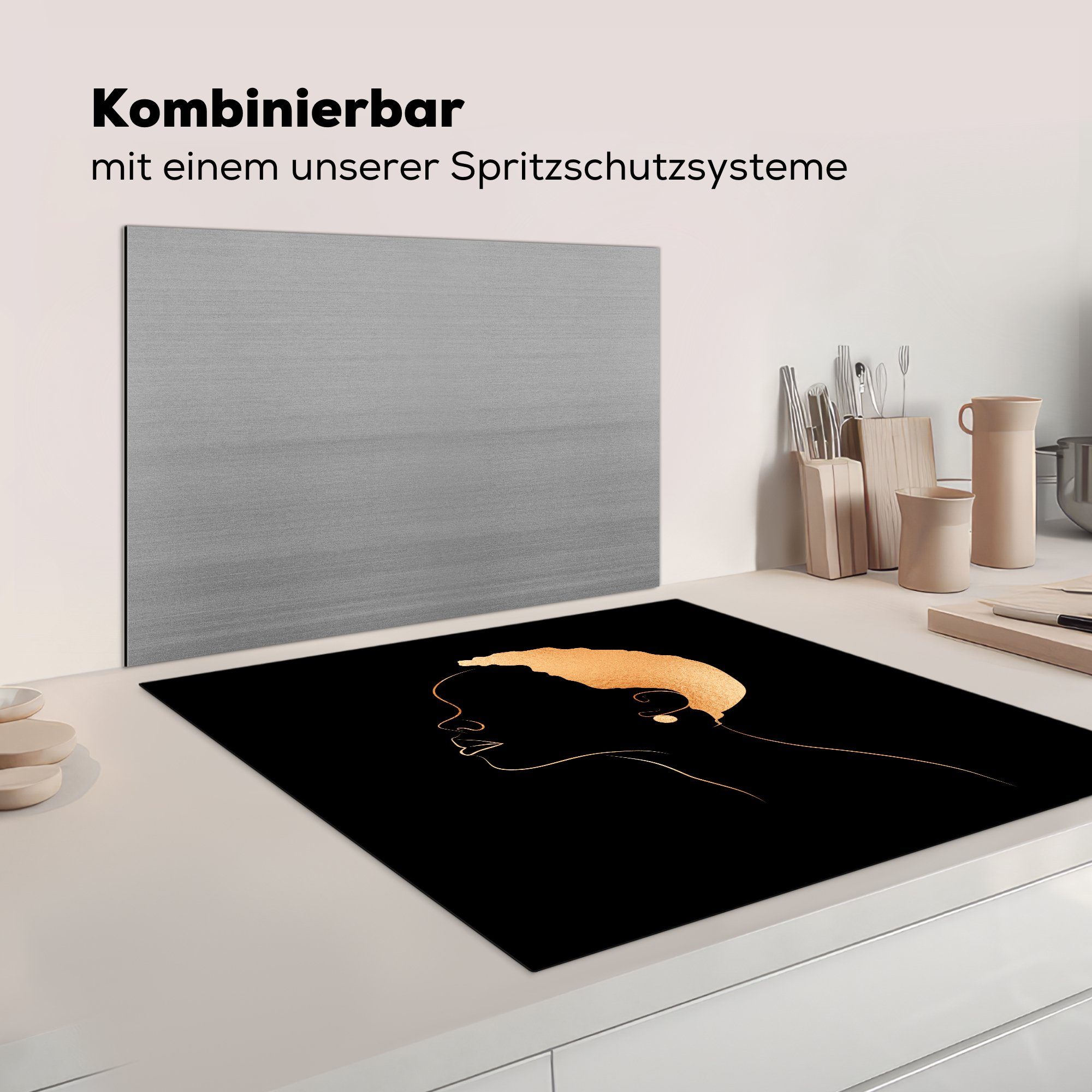 Ceranfeldabdeckung, Herdblende-/Abdeckplatte (1 küche Strichzeichnung, Frau Vinyl, 78x78 Schwarz cm, MuchoWow für und - Arbeitsplatte tlg), - Gold