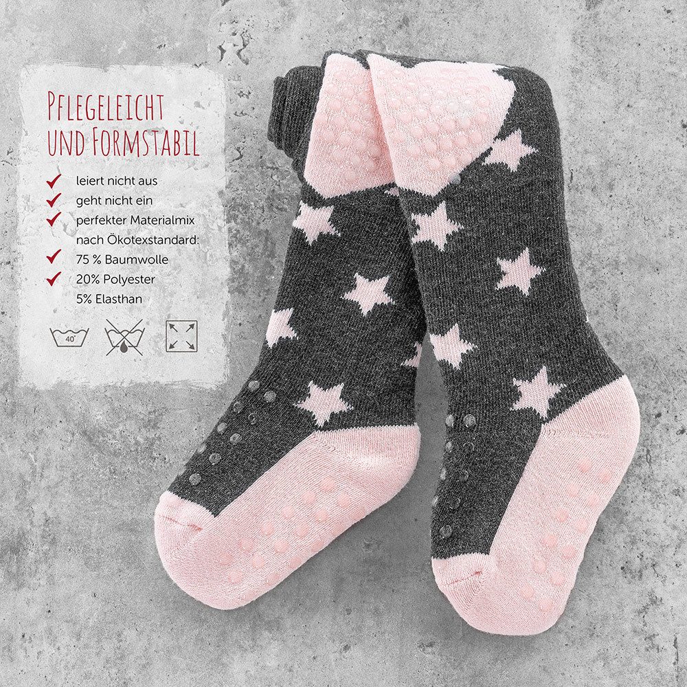 LaLoona Strumpfhose Sterne Rosa + Streifen Grau 2x Baby Krabbelstrumpfhose mit ABS Sohle elastische Kinder Strumpfhose