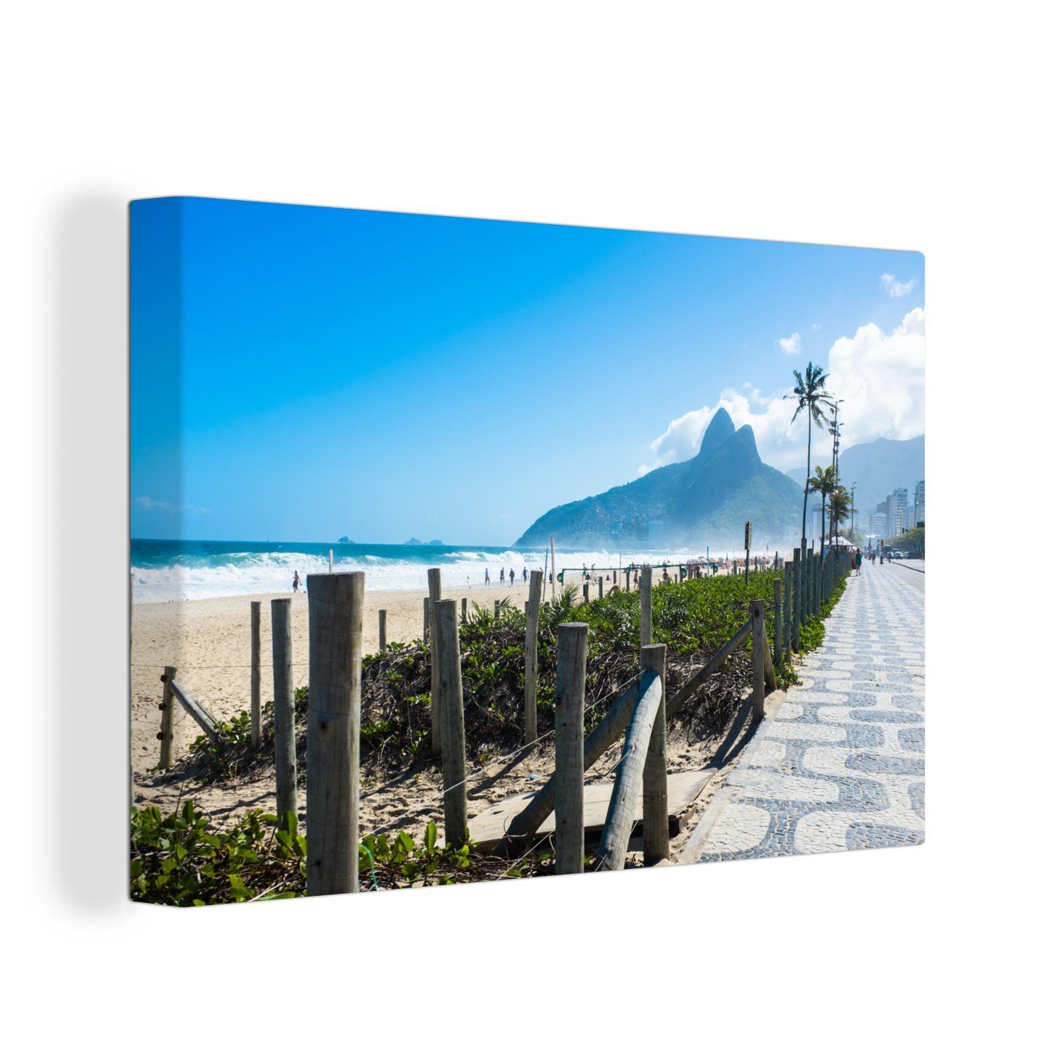 OneMillionCanvasses® Leinwandbild Blick auf den Strand von Ipanema in Südamerika an einem sonnigen Tag, (1 St), Wandbild für alle Wohnbereiche, Gemälde, XXL, großes, 120x80 cm