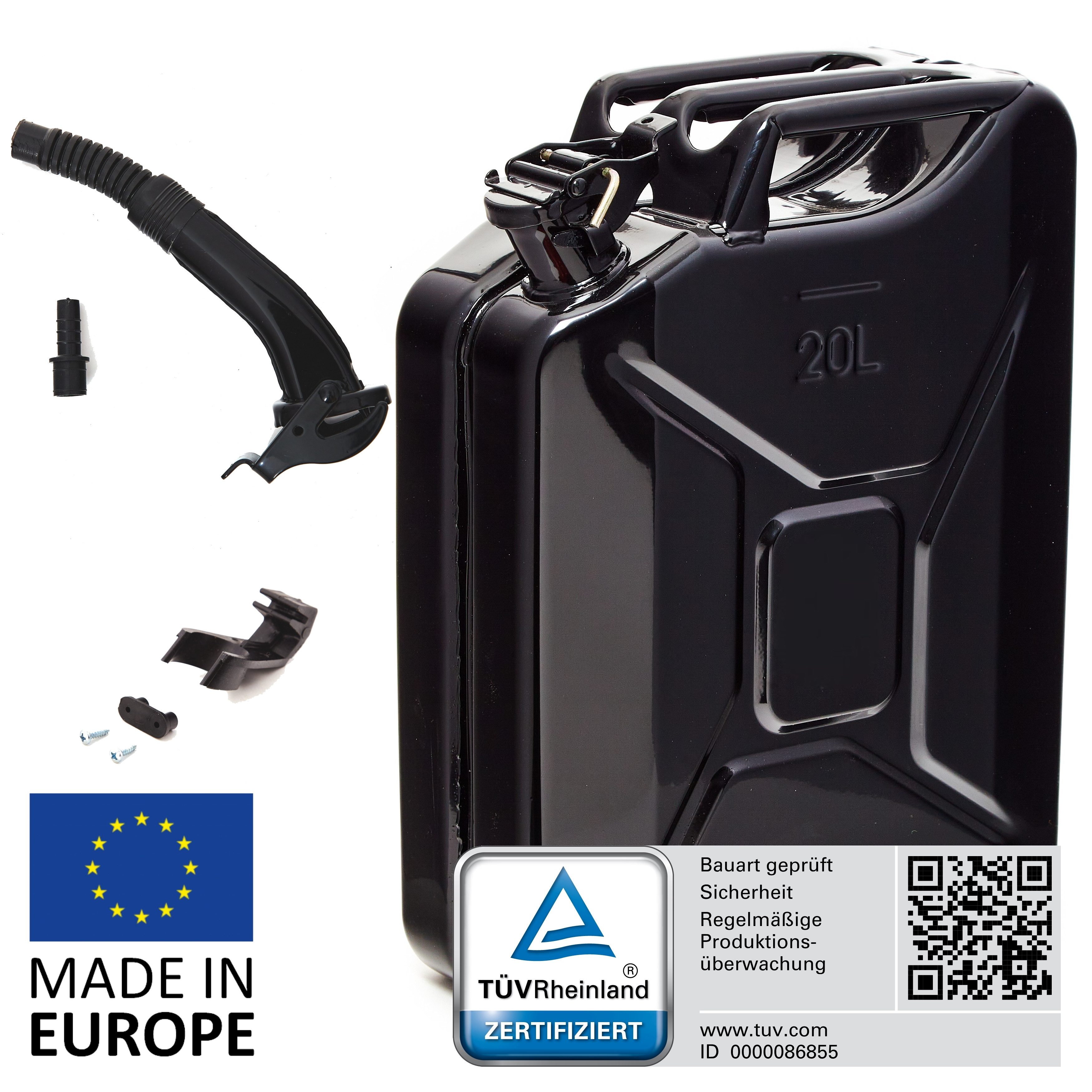 BW Benzinkanister Metall Kraftstoffkanister 20 L mit Ausgießer (mit Ausgießer, Made in Europe), TÜV-geprüft und UN-Zulassung
