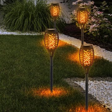 etc-shop LED Solarleuchte, LED-Leuchtmittel fest verbaut, Warmweiß, 2er Set LED Solar Außen Steck Lampen Feuereffekt Dekor Stanzung Garten