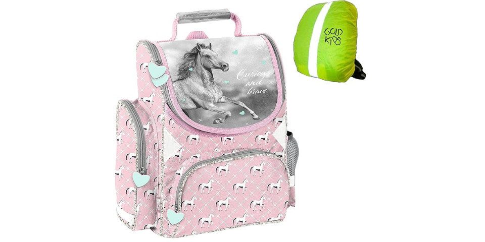 GOLDKIDS Schulranzen Schulrucksack Pferd Horse Motiv ergonomischer (Ranzen Tornister Rucksack, 1-tlg., Schulltasche Mädchen inkl), Regenschutz