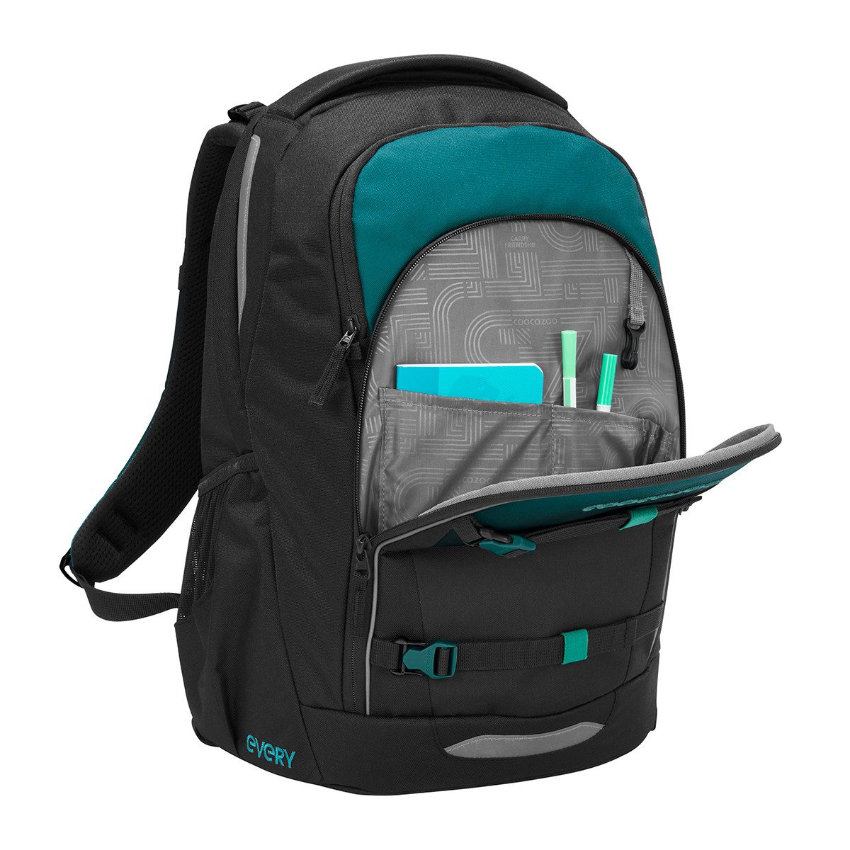 coocazoo Schulranzen Schulrucksack-Set EVERY Teal Shadows 2-teilig (2-teilig), ergonomisch, rückenschonend, Leichtgewicht