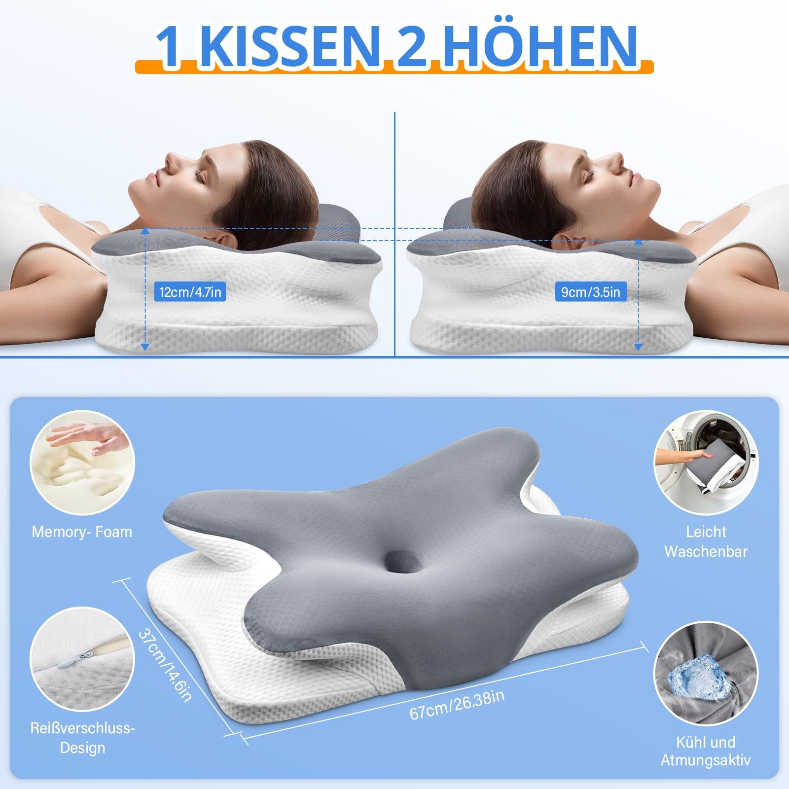 AIBISTAR Kopfkissen Kopfkissen Nackenstützkissen,Schlafkissen,Nackenkissen,Memory Foam, Füllung: Kopfkissen aus Memory Foam, Seitenschläfer, stützt Kopf und Nacken, Bauchschläfer, Rückenschläfer, Seitenschläferkissen für Seiten-, Rücken- und Bauchschläfer