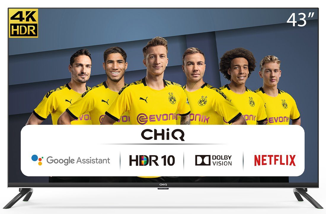 CHiQ U43H7A LED-Fernseher (108,00 cm/43 Zoll, 4K Ultra HD, Smart-TV,  Android9.0,Google Assistant,Play store,Netflix,Youtube,Amazon prime  video,Dolby vision,Dolby Audio,Chromecast  built-in,Bluetooth5.0,Frameless,AI Pont,HbbTV2.0,Google Smart Home ...