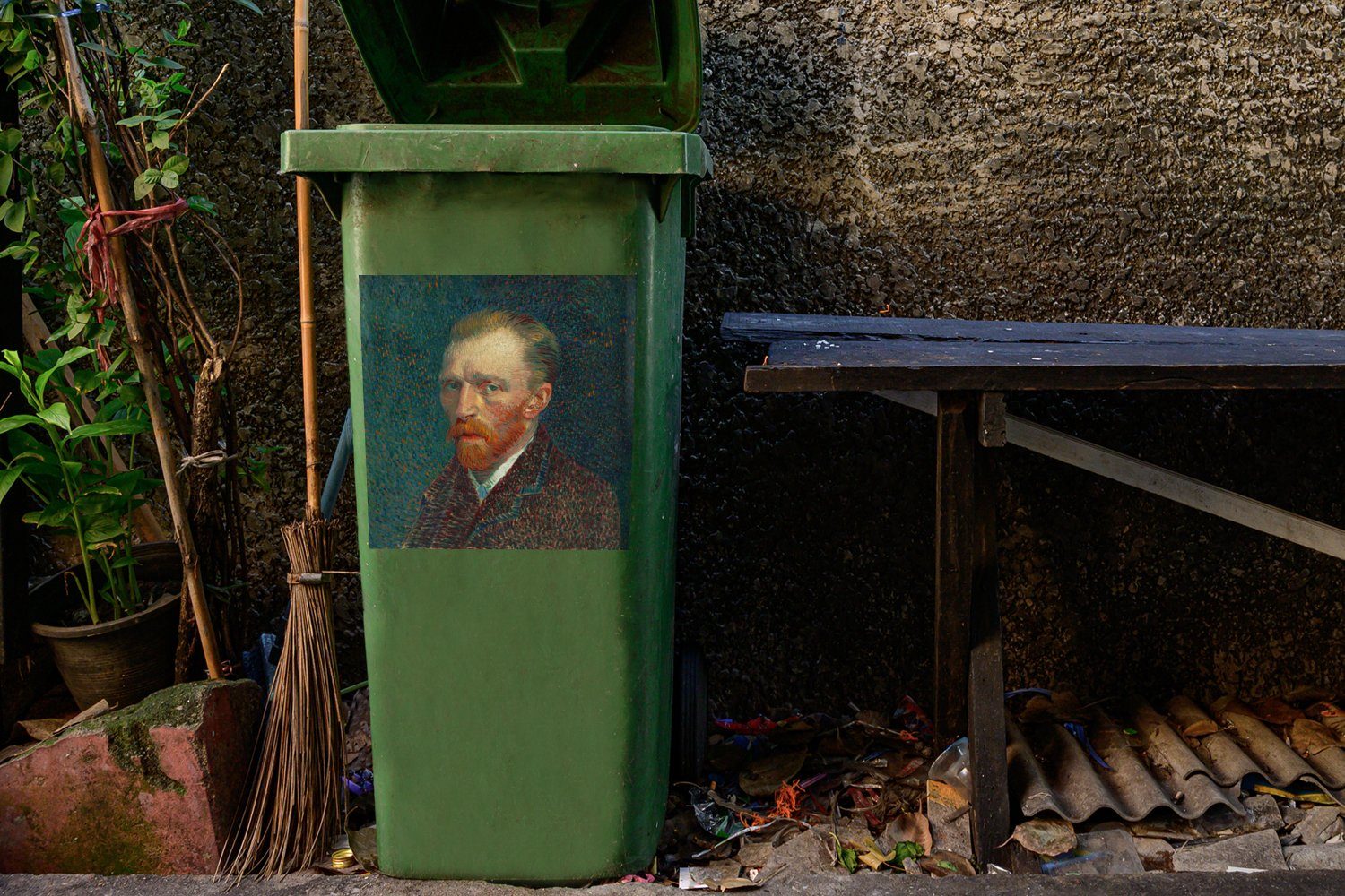 Selbstporträt Container, Van Mülltonne, - MuchoWow Kunst Mülleimer-aufkleber, - St), - Meister Sticker, Wandsticker (1 Gogh Alte Abfalbehälter