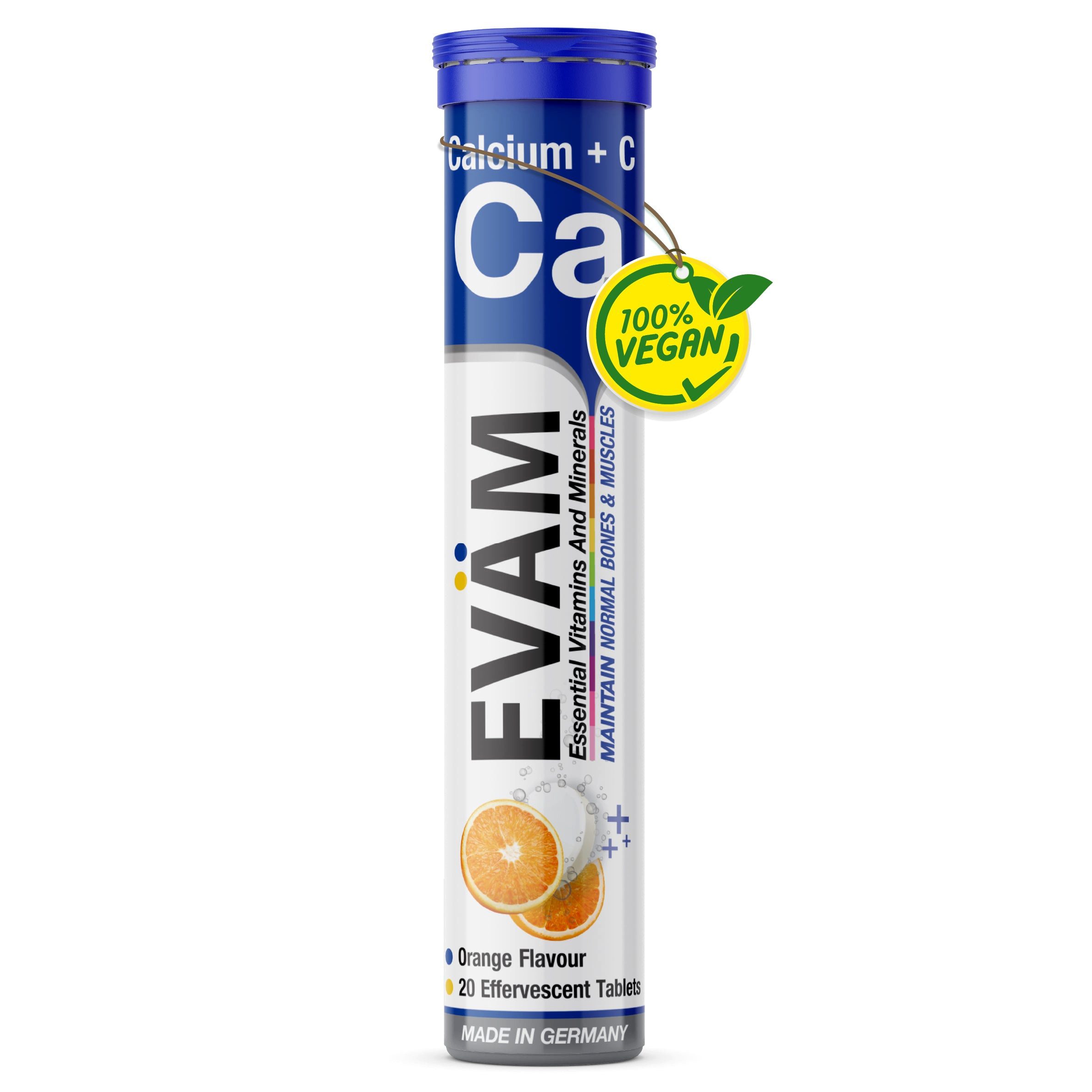 EVÄM Calcium + Vitamin C Brausetabletten, Orange, vegan Brausetabletten, 1 er 20 St., 82 g, Made in Germany
