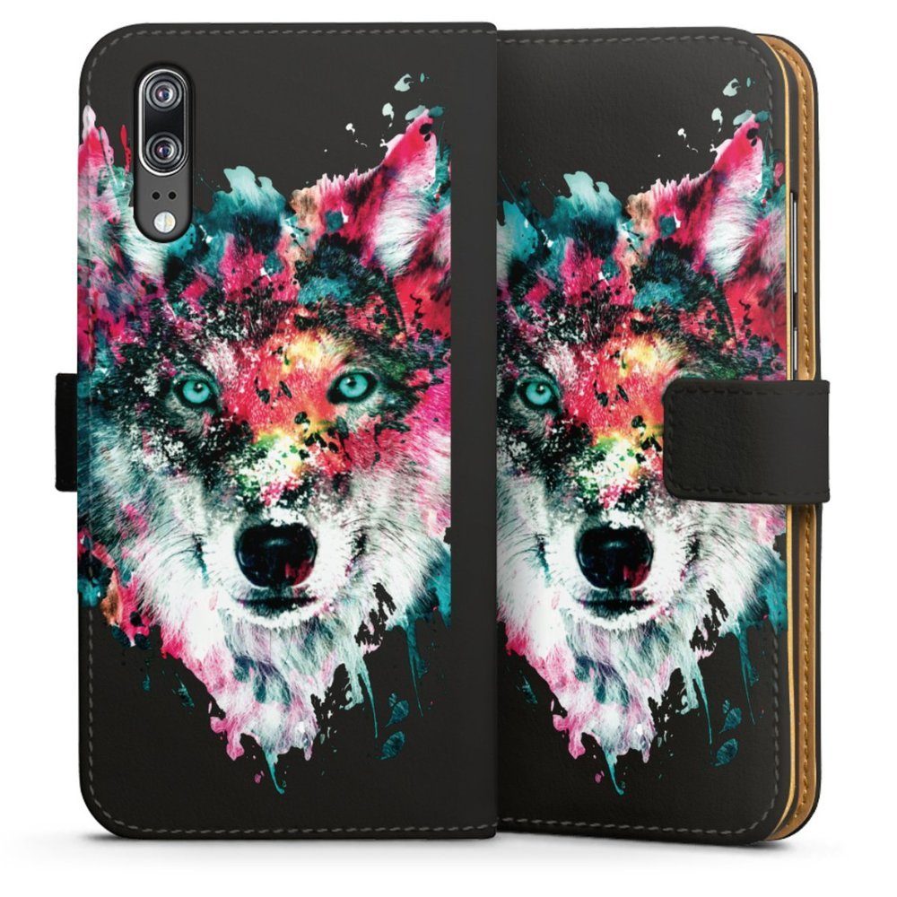 DeinDesign Handyhülle Riza Peker Wolf bunt Wolve ohne Hintergrund, Huawei P20 Hülle Handy Flip Case Wallet Cover Handytasche Leder