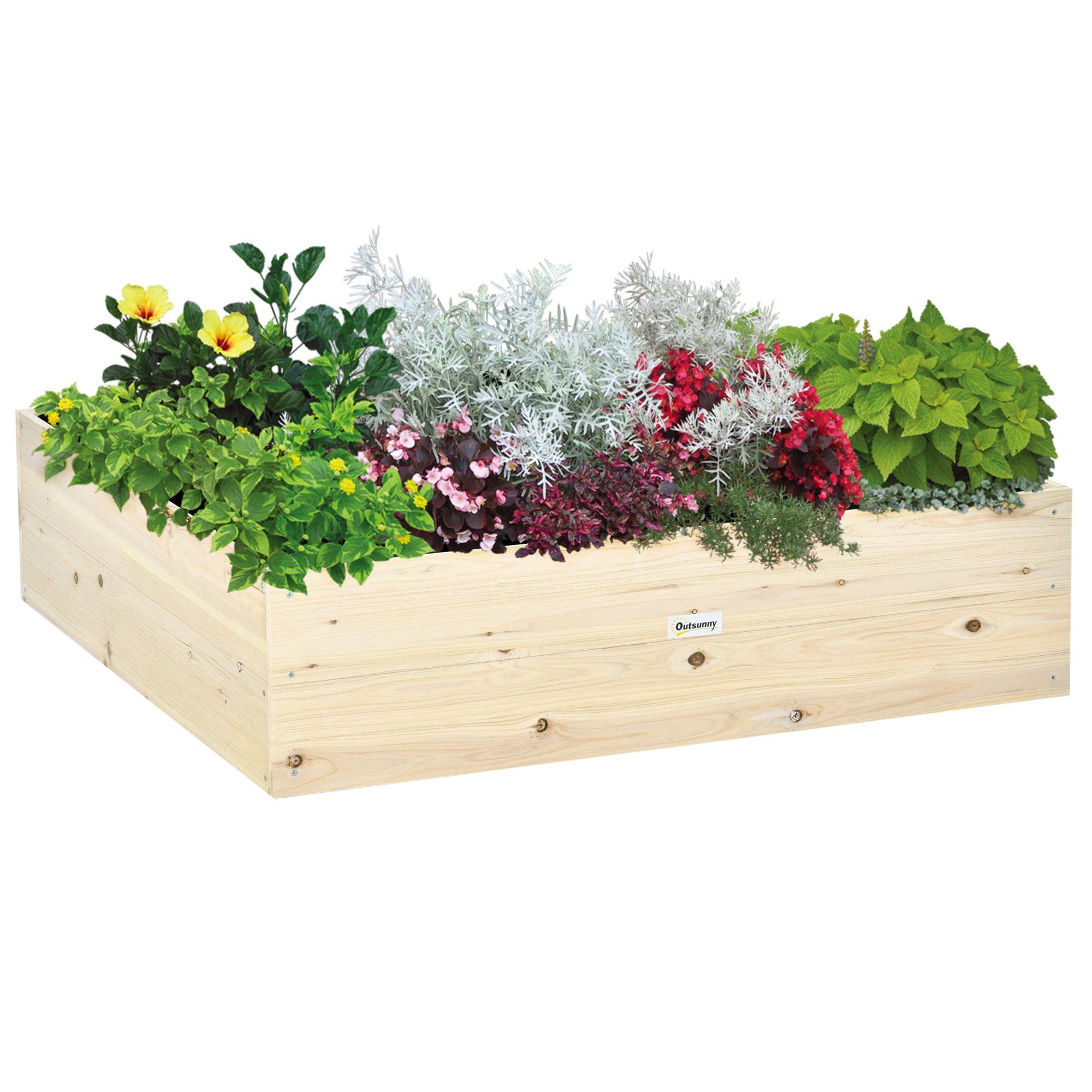 Outsunny Hochbeet aus Holz Gartenbeet mit Vliesstoff Pflanzkübel Pflanzkasten Natur (Set, 1 St., Kräuterbeet für Balkon Garten), 117L x 117B x 30H cm