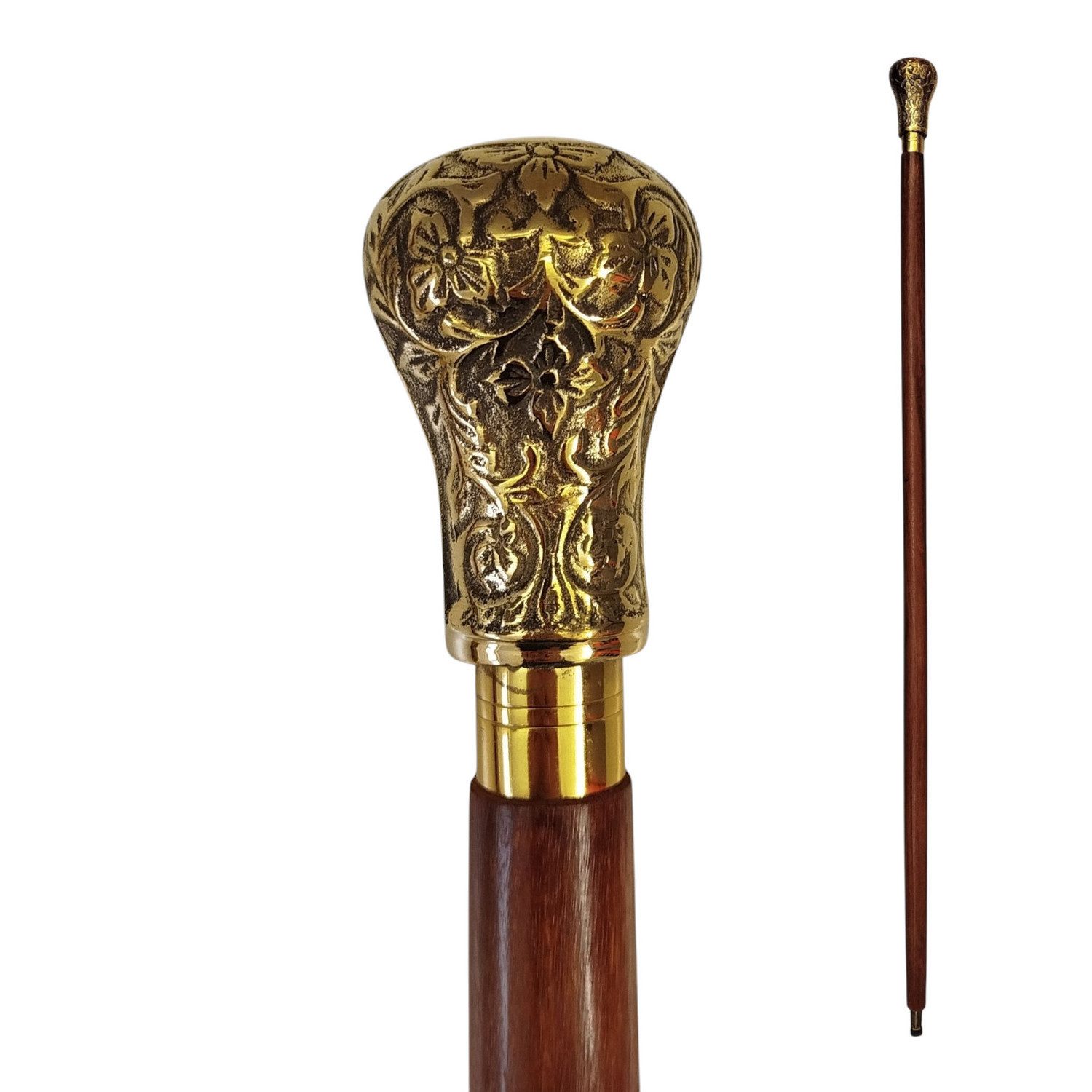 FTWdesign Frackstock Blattornament Spazierstock aus Holz mit goldenem Griff aus Metall