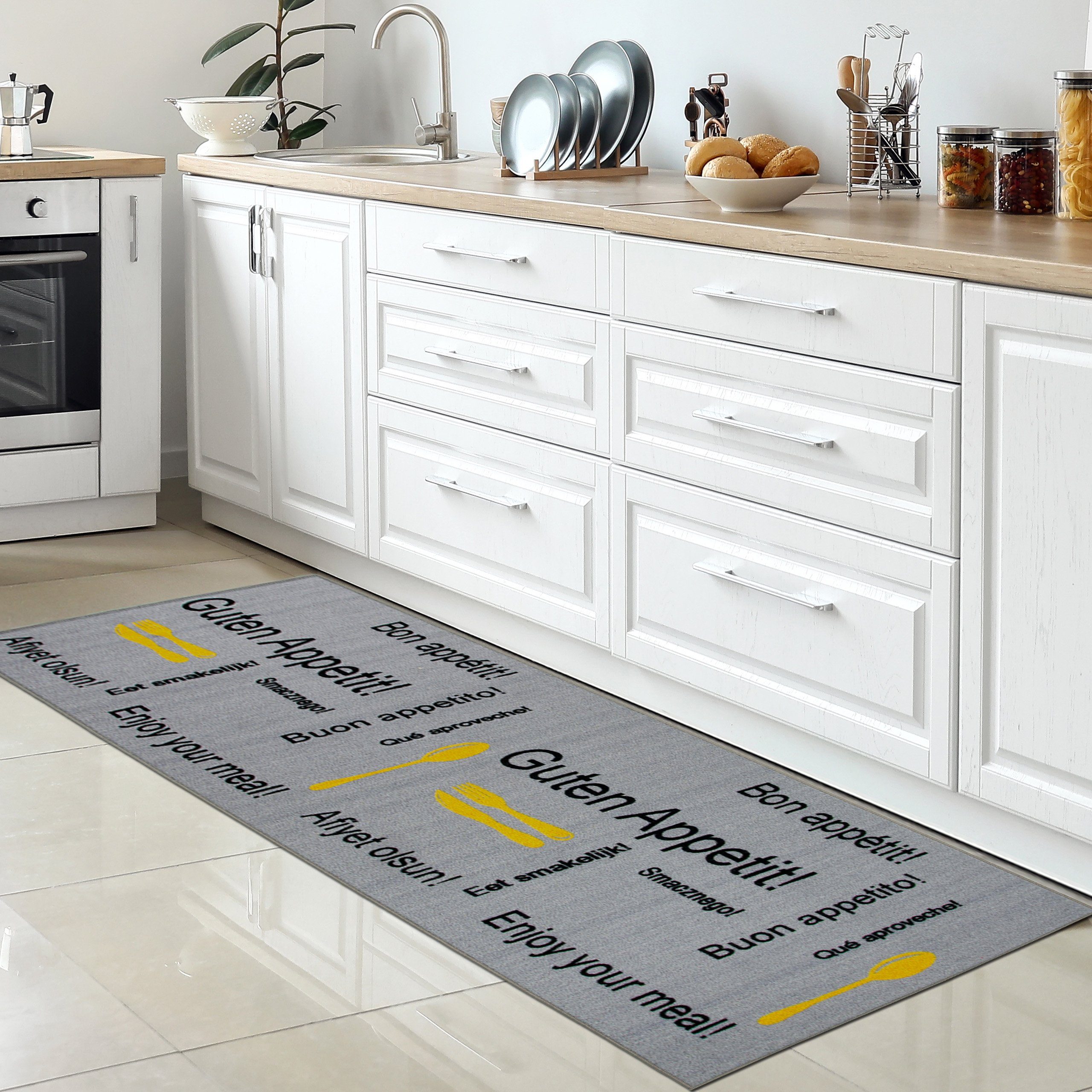 Teppich Küchenläufer in grau mit mm Carpetia, & schwarzem und Gelrücken Schriftzug, rechteckig, gelbem Höhe: 5