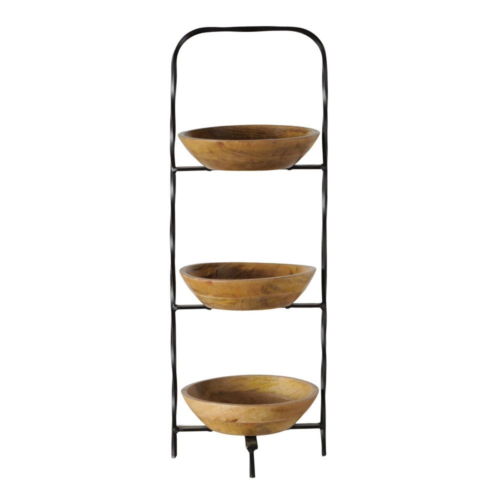 BOLTZE Etagere Etagere ETOS schwarz natur 3-stöckig aus Metall mit Holztellern Farmho