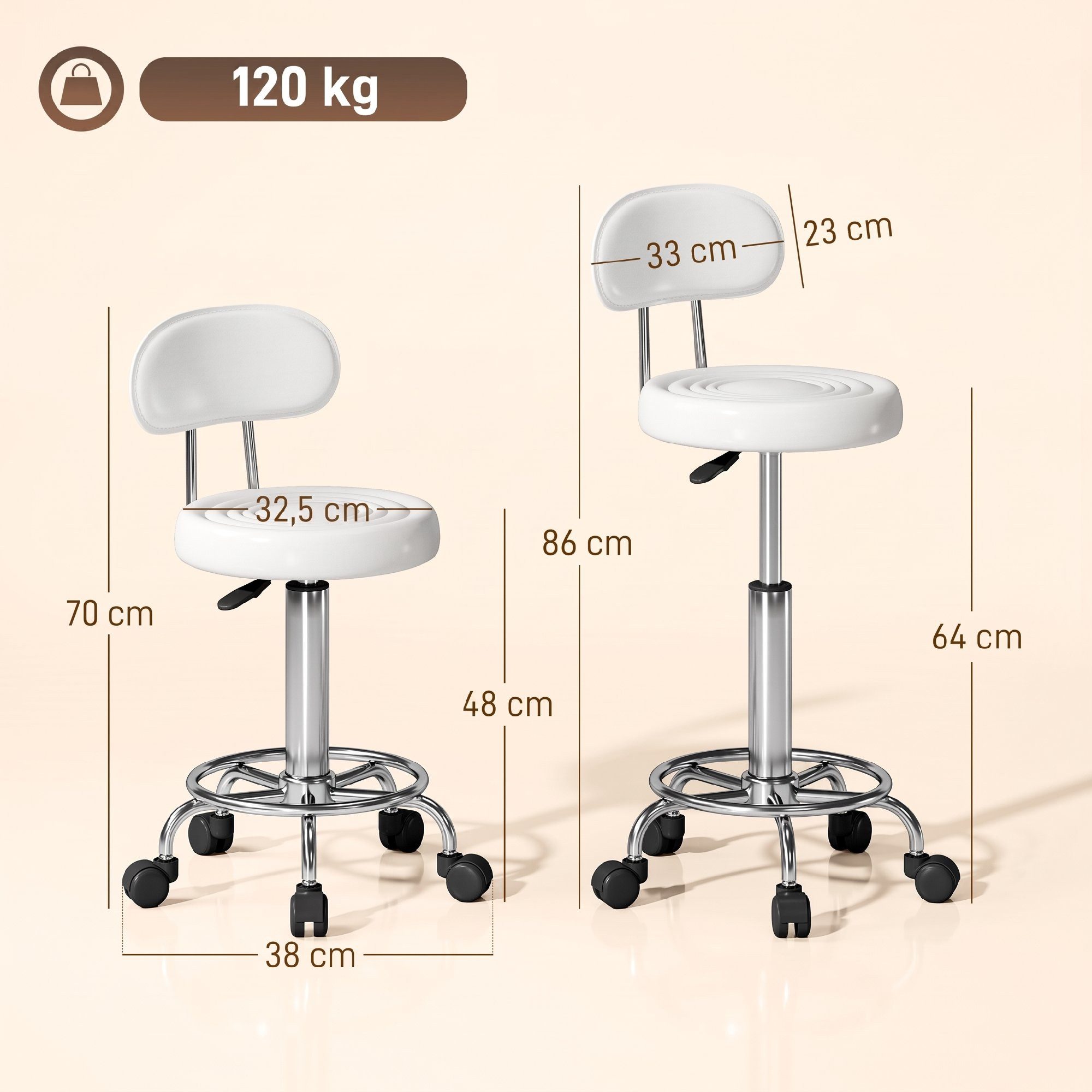 HOMCOM Drehhocker Arbeitshocker mit Fußstütze (Rollhocker, 1 St., Bürohocker), für Büro, Weiß