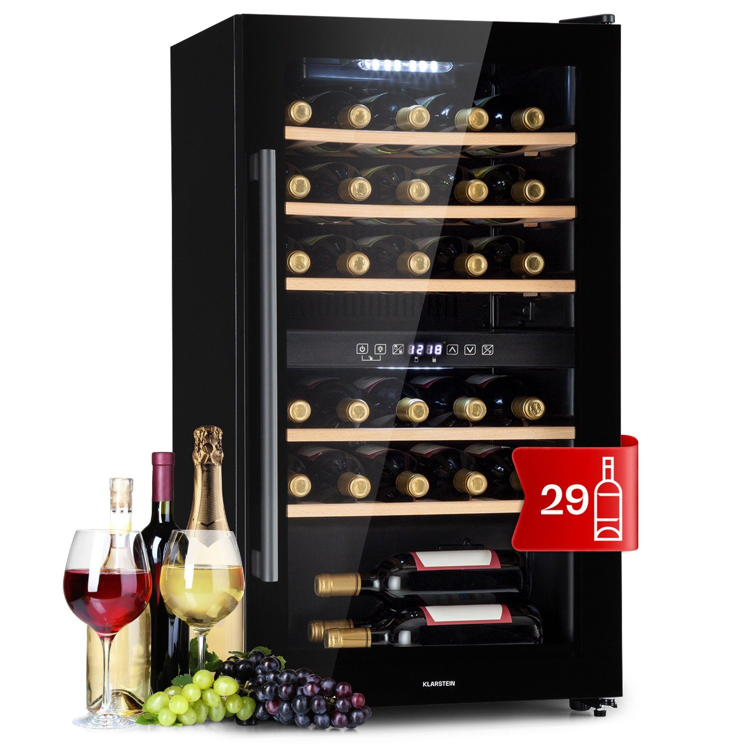 Klarstein Weinkühlschrank Barossa 29 Duo Weinkühl 2 Zonen 29 Flaschen 80L 5-22°C Drucktasten LCD, für 29 Standardflaschen á 0,75l,Flaschenkühlschrank Weintemperierschrank Weinschrank Holz LCD-Anzeige