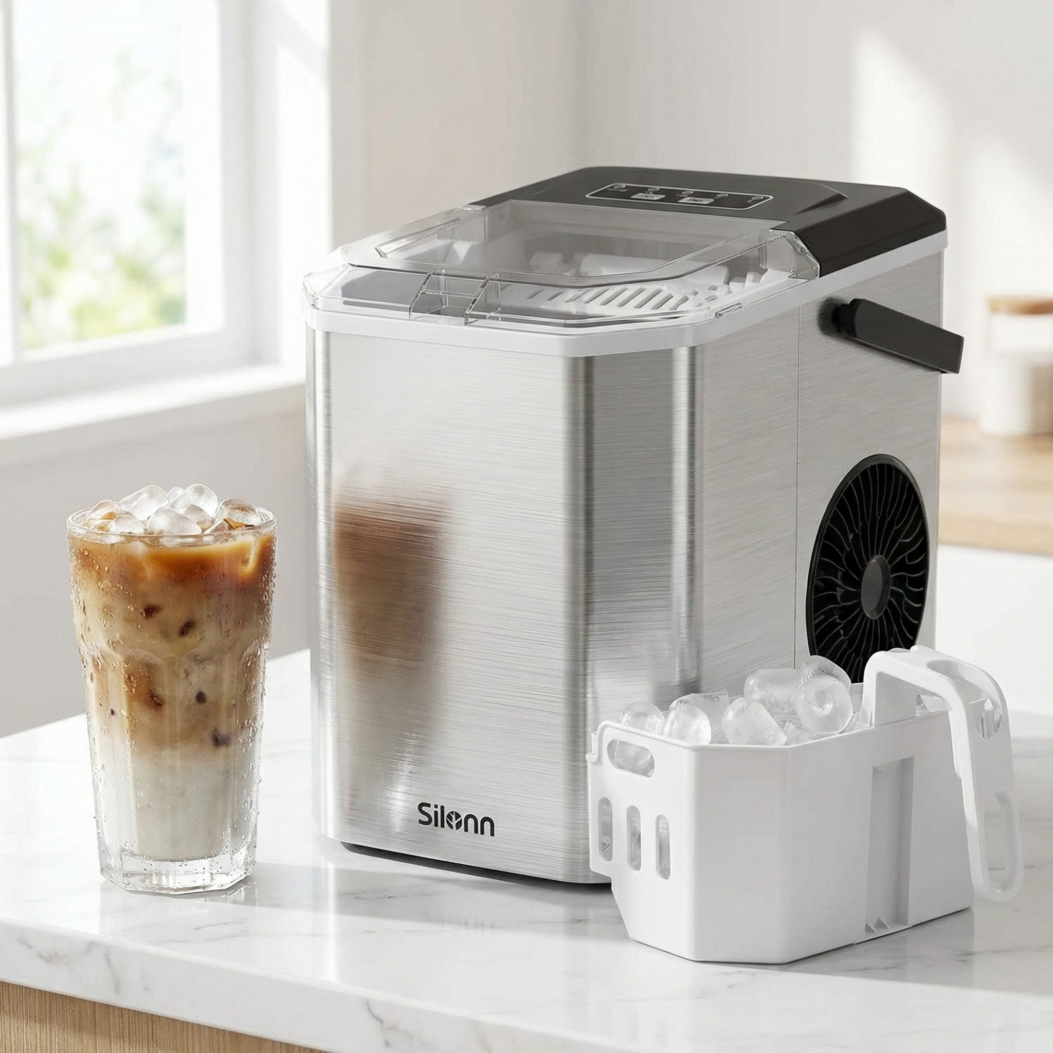 Silonn Eiswürfelmaschine Eiswürfelbereiter kompakt, 2 Eisgrößen, Selbstreinigung, tragbar, 12 kg/Tag, selbstreinigend, ≤ 35 dB