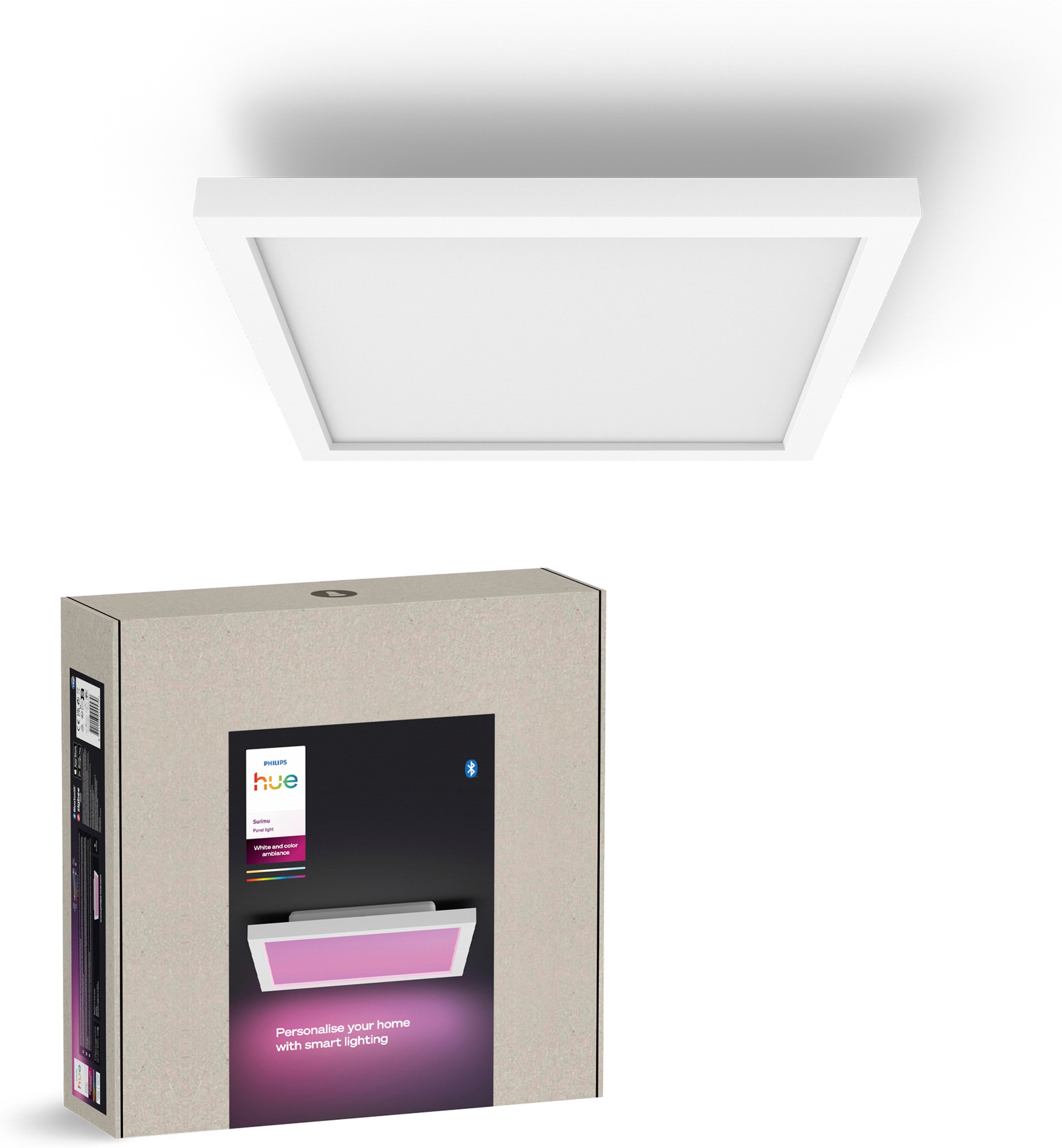 Philips Hue LED Panel White & Color Ambiance Surimu, 30x30cm, Abschaltautomatik, Bluetooth, CCT - über Fernbedienung, Dimmfunktion, Einschlafhilfe, Farbsteuerung, Farbwechsel, Memory, nach Trennung vom Netz, Nachtlichtfunktion, RGB, Smart Home, Timerfunktion, Weckerfunktion, dimmbar über Fernbedienung, mehrere Helligkeitsstufen, LED fest integriert, Farbwechsler, RGB, warmweiß - kaltweiß, Steuerbar per App und Stimme, Smart Home fähig, Farbfähig und Weißtöne