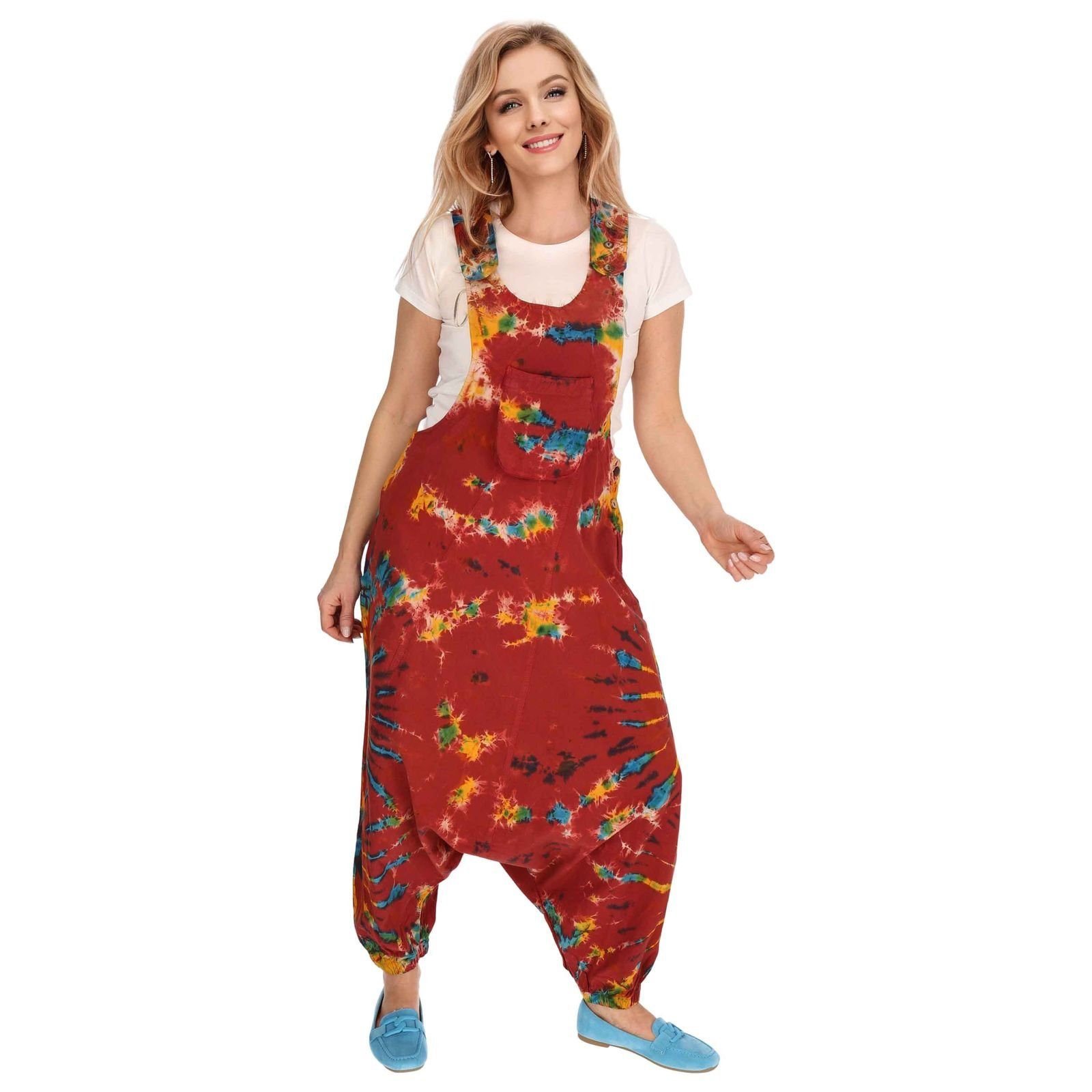 KUNST UND MAGIE Haremshose 70er Jumpsuit Dye Tie Bunt Batik Rot Latzhose Hose Boho Psy Latzhose