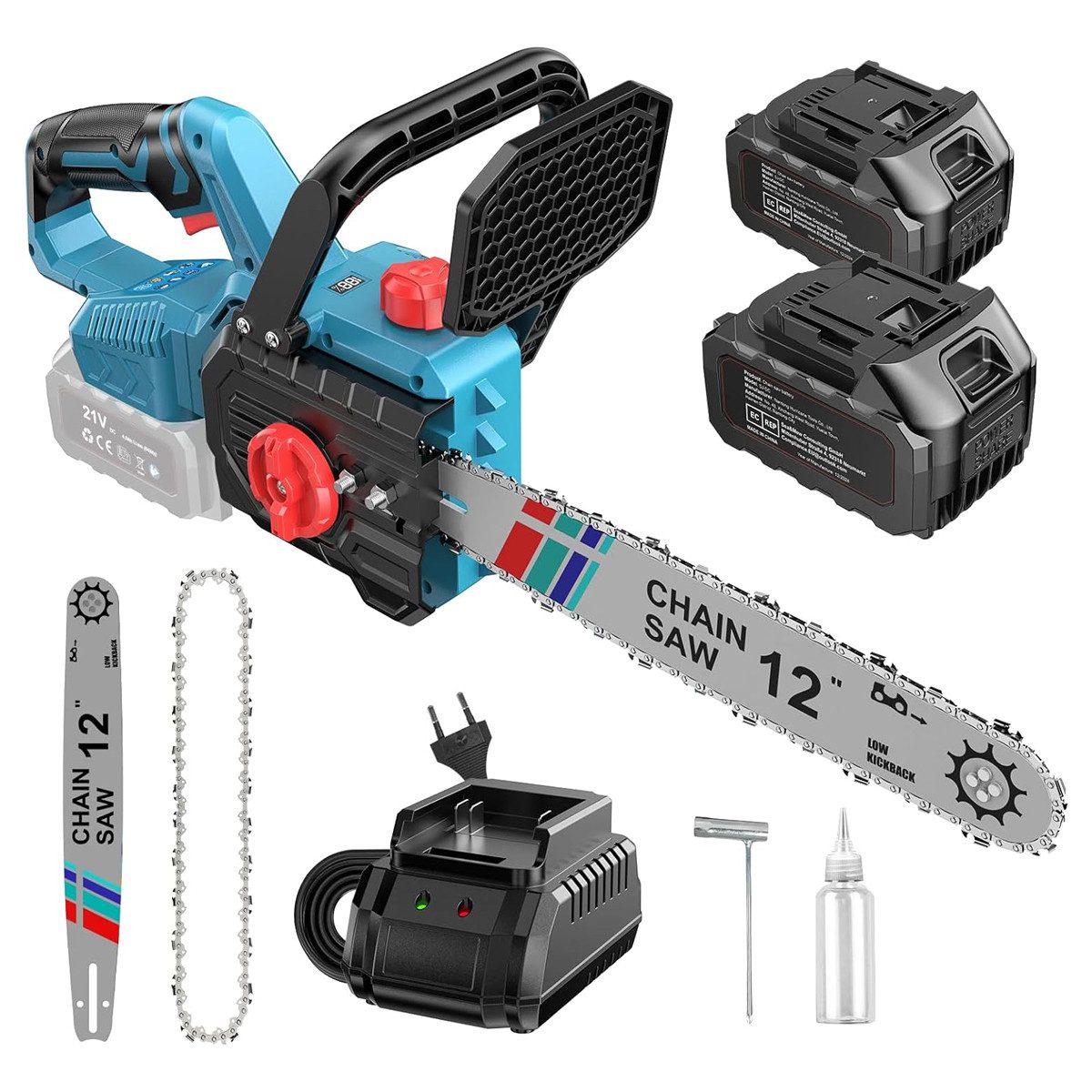 AeroAxis Akku-Kettensäge 12 Zoll bürstenlos, 1000 W, 2×4000 mAh Akku, 30 cm Schwertlänge, 2*4 AH AKKU, 1 Ketten + 1 Kettenführungsschienen, 2 Ketten + Führungsschiene – für Astschneiden, Garten & DIY