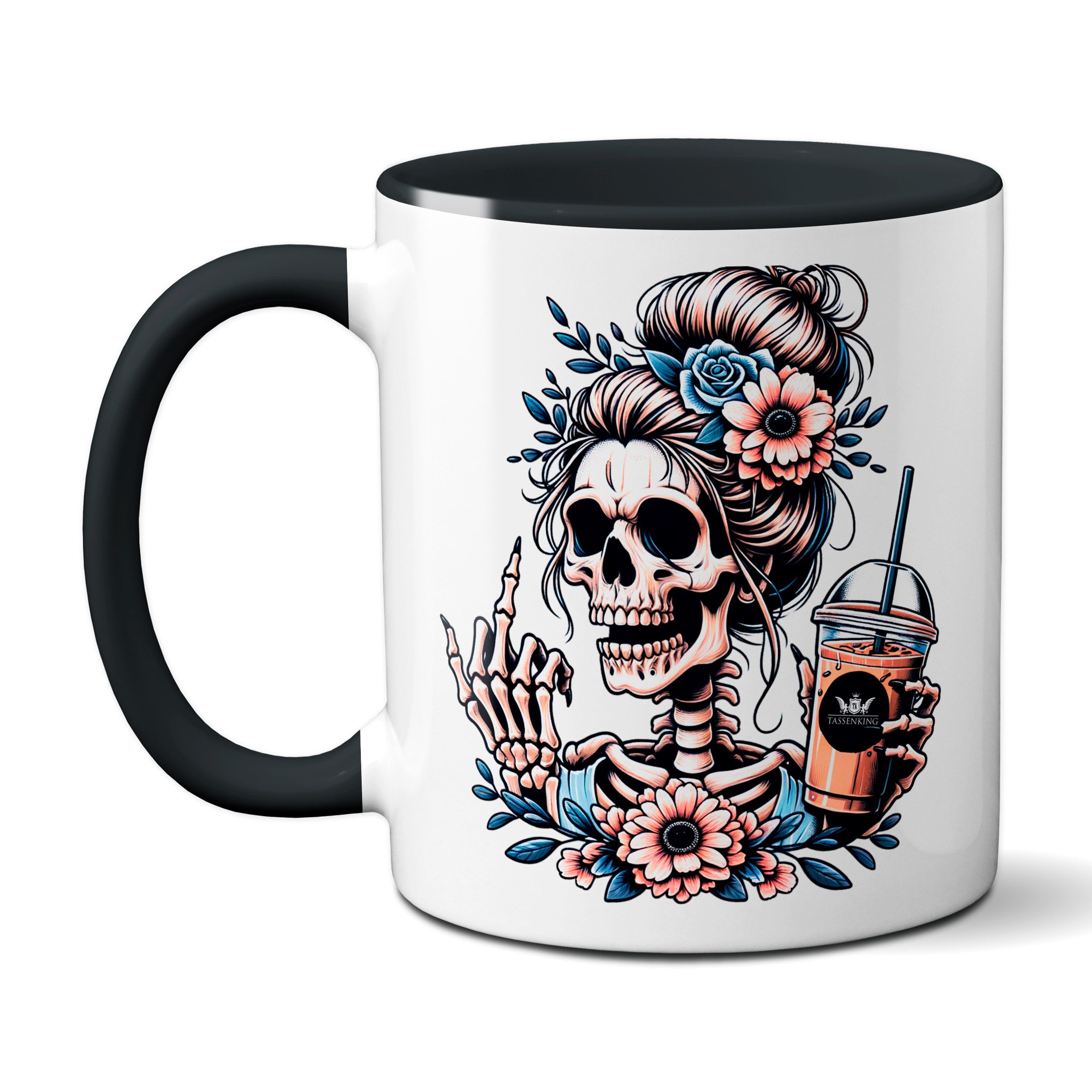 TASSENKING Tasse, Skull Frau mit Mittelfinger (FuckOff) und Kaffee / Schwarz