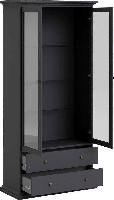Home affaire Vitrine Paris Glasvitrine Vitrinenschrank Ausstellung Sammelvitrine mit 2 Glastüren und 2 Schubladen, Breite, 96 cm, Höhe 200 cm